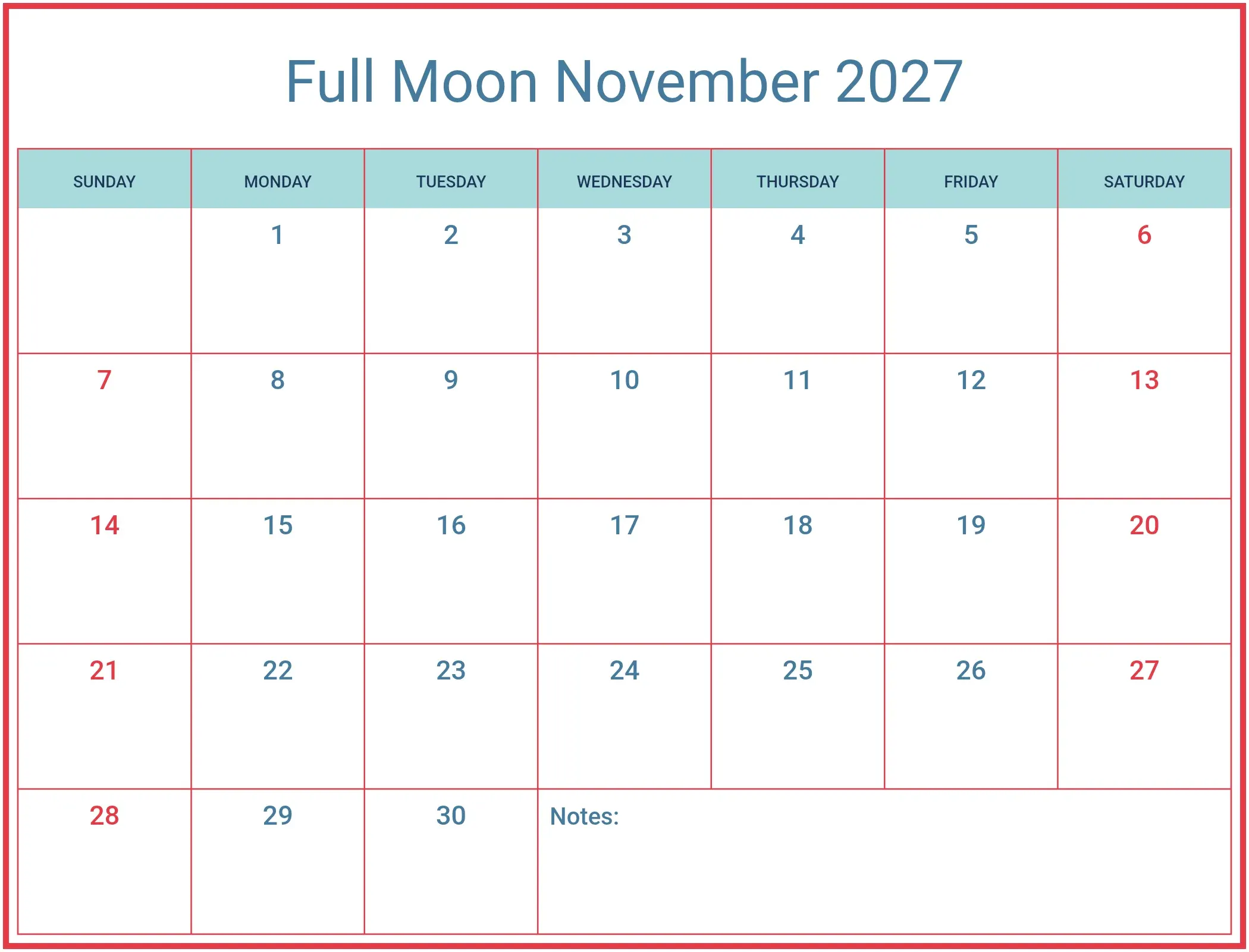 Full Moon November 2027 with Notes Bottom Landscape