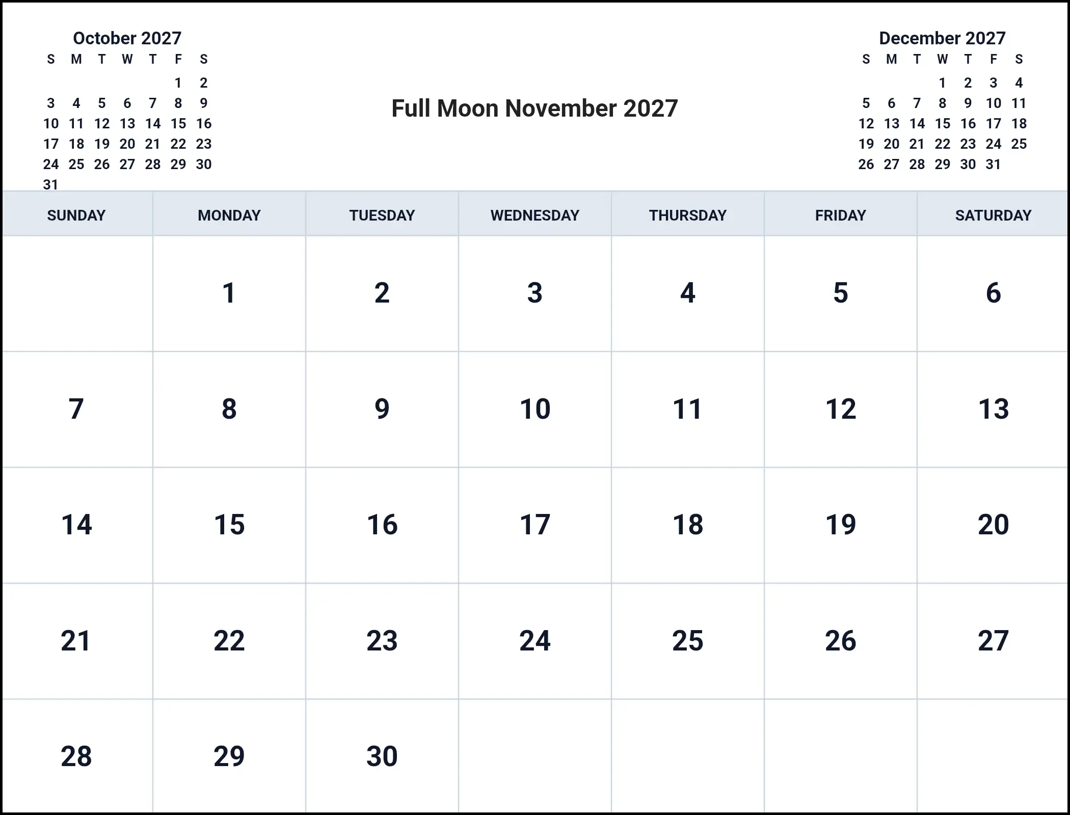 Full Moon November 2027 With Three Month View