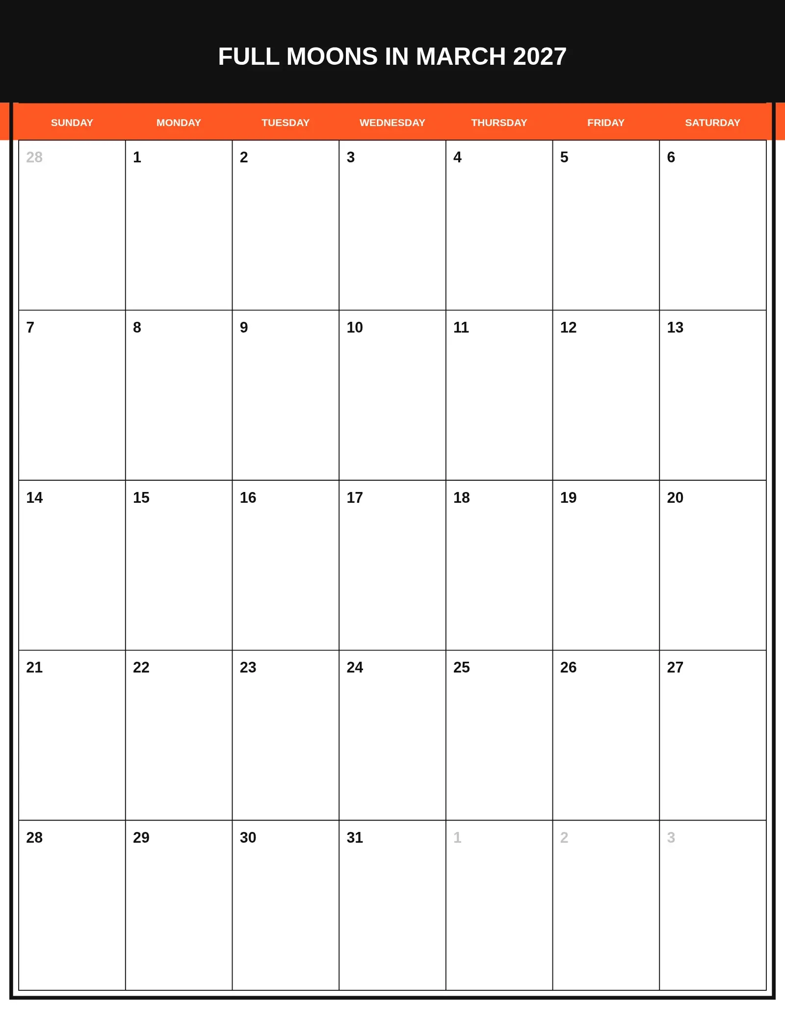 Full Moons In March 2027 With Portrait Template
