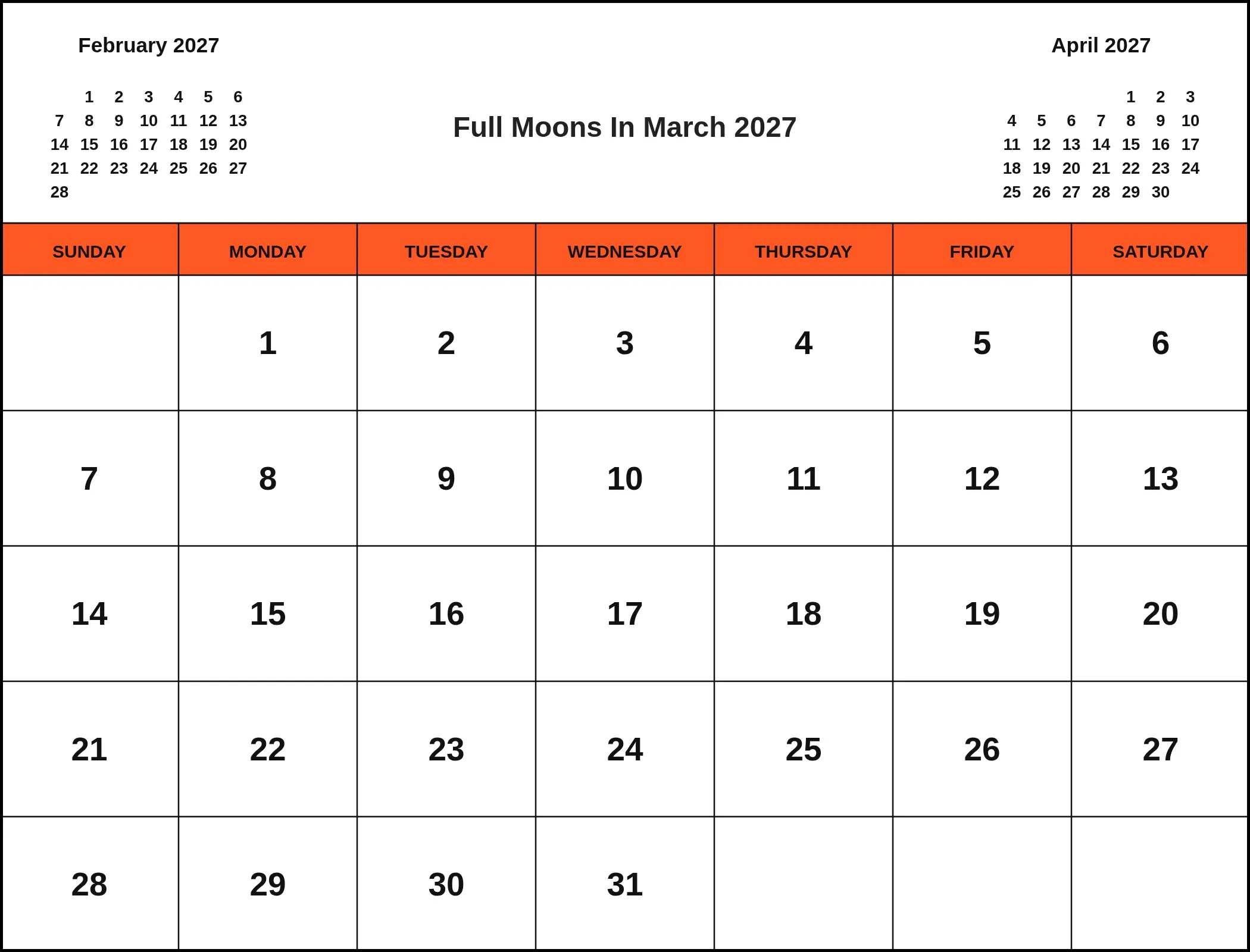 Full Moons In March 2027 With Three Month View
