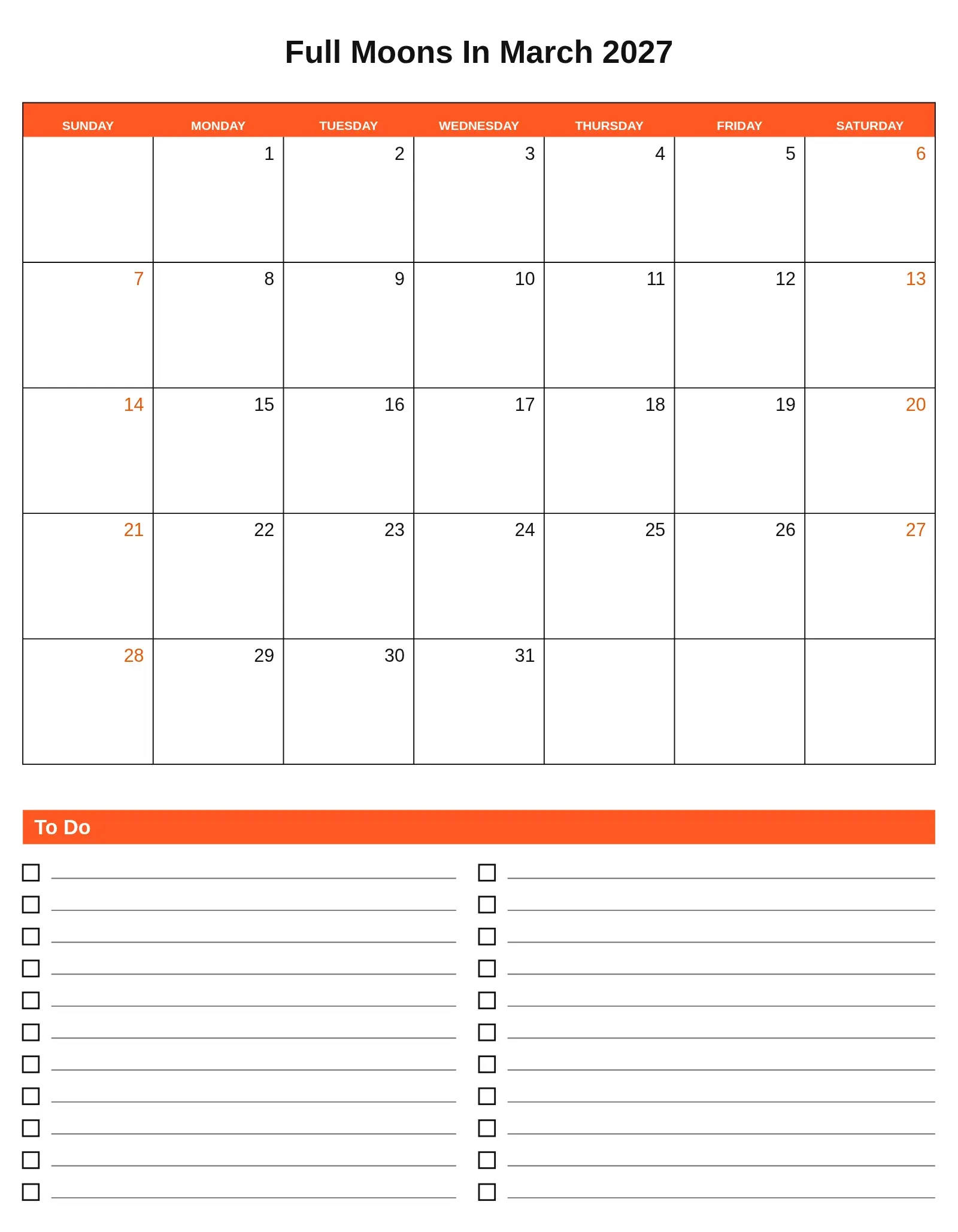 Full Moons In March 2027 With To Do List Bottom Portrait