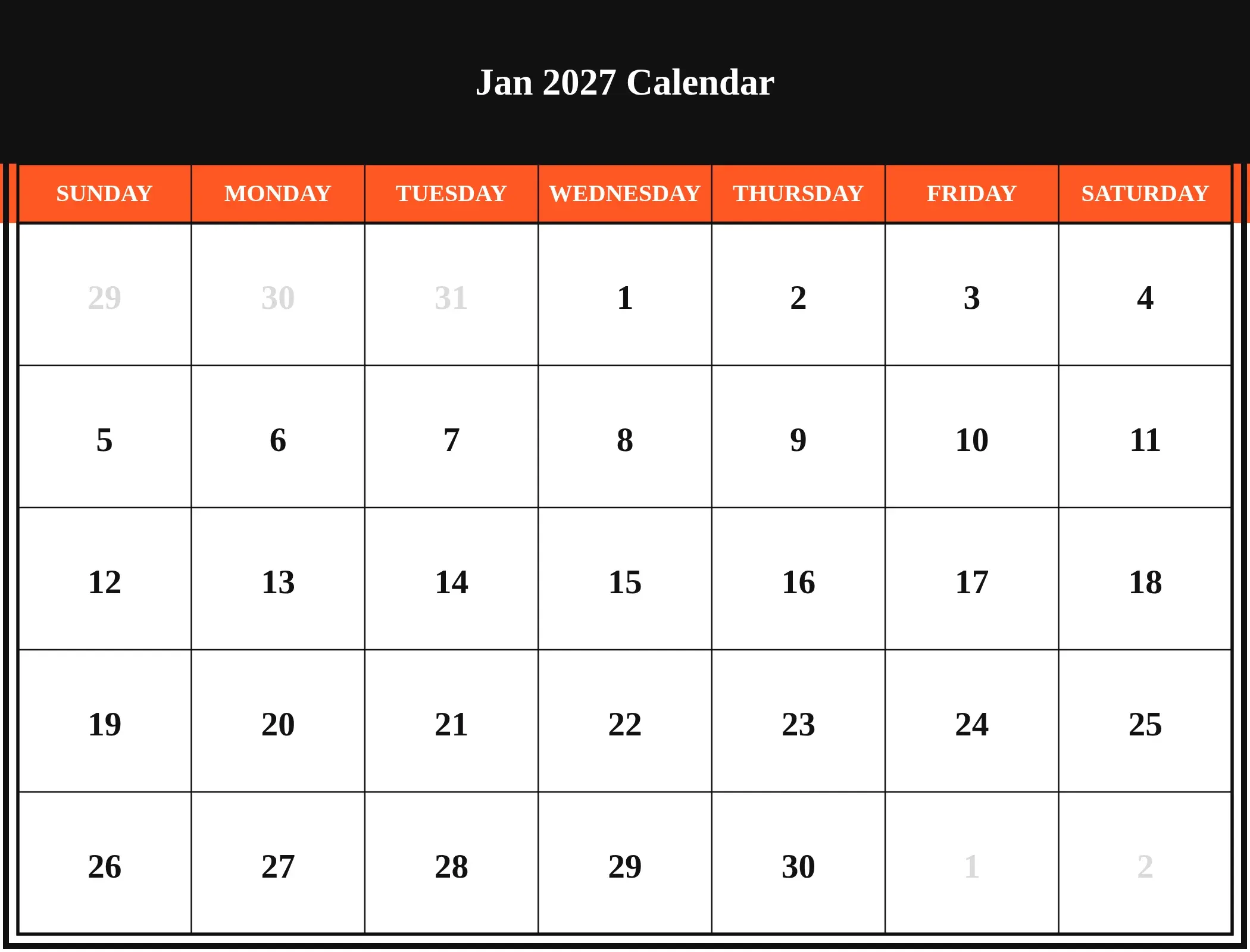 Jan 2027 Calendar Download Landscape