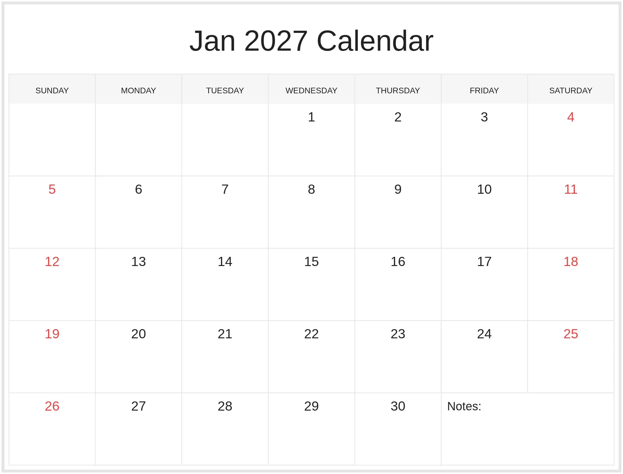 Jan 2027 Calendar with Notes Bottom Landscape