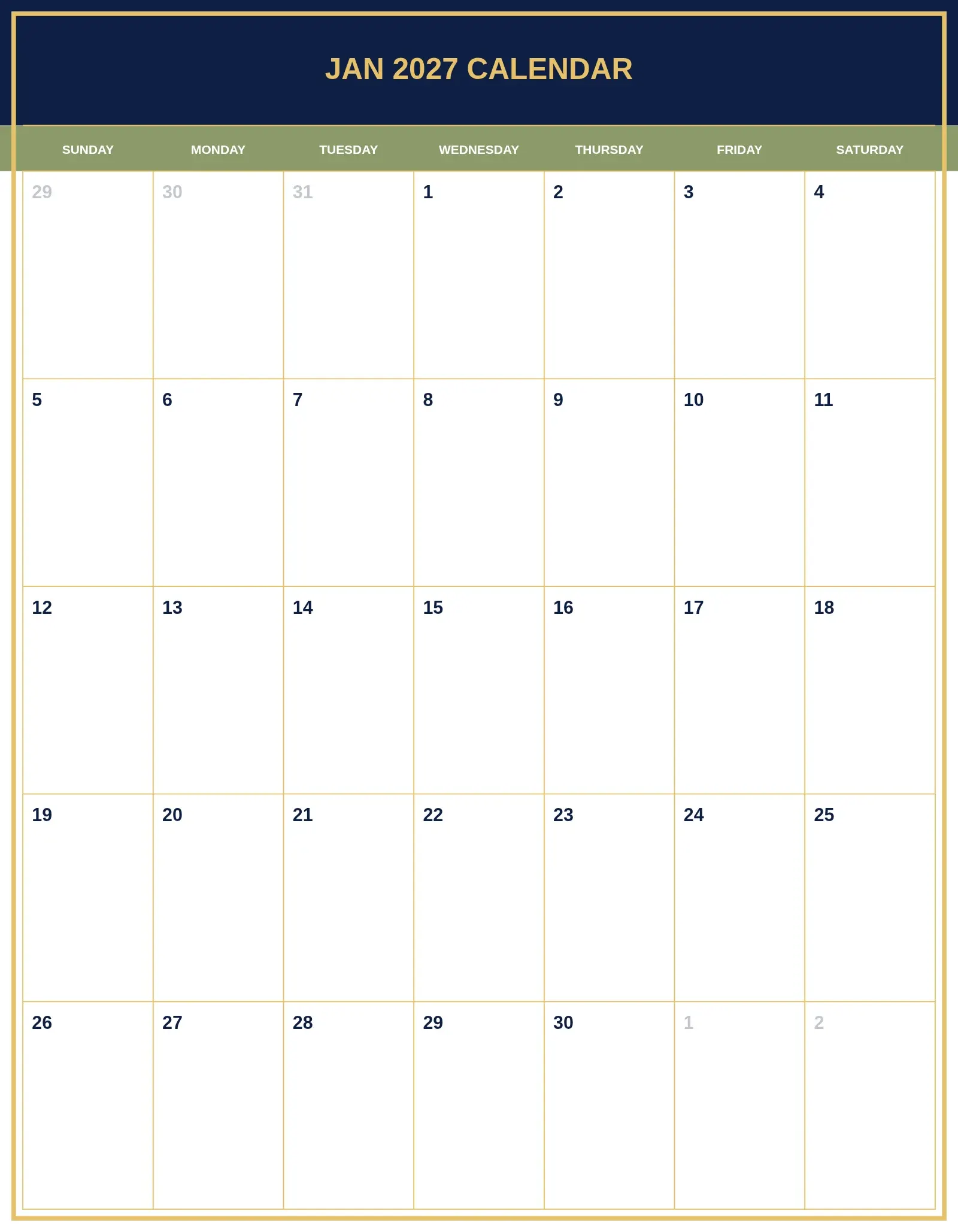 Jan 2027 Calendar With Portrait Template