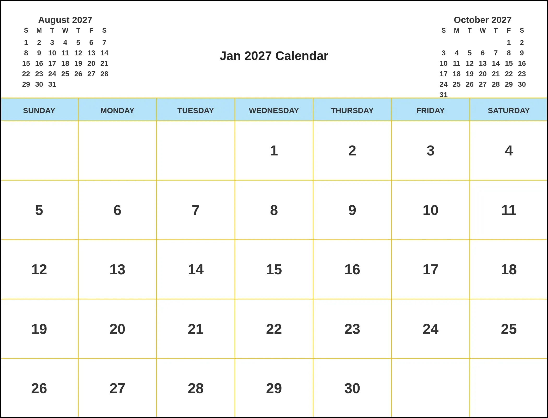 Jan 2027 Calendar With Three Month View