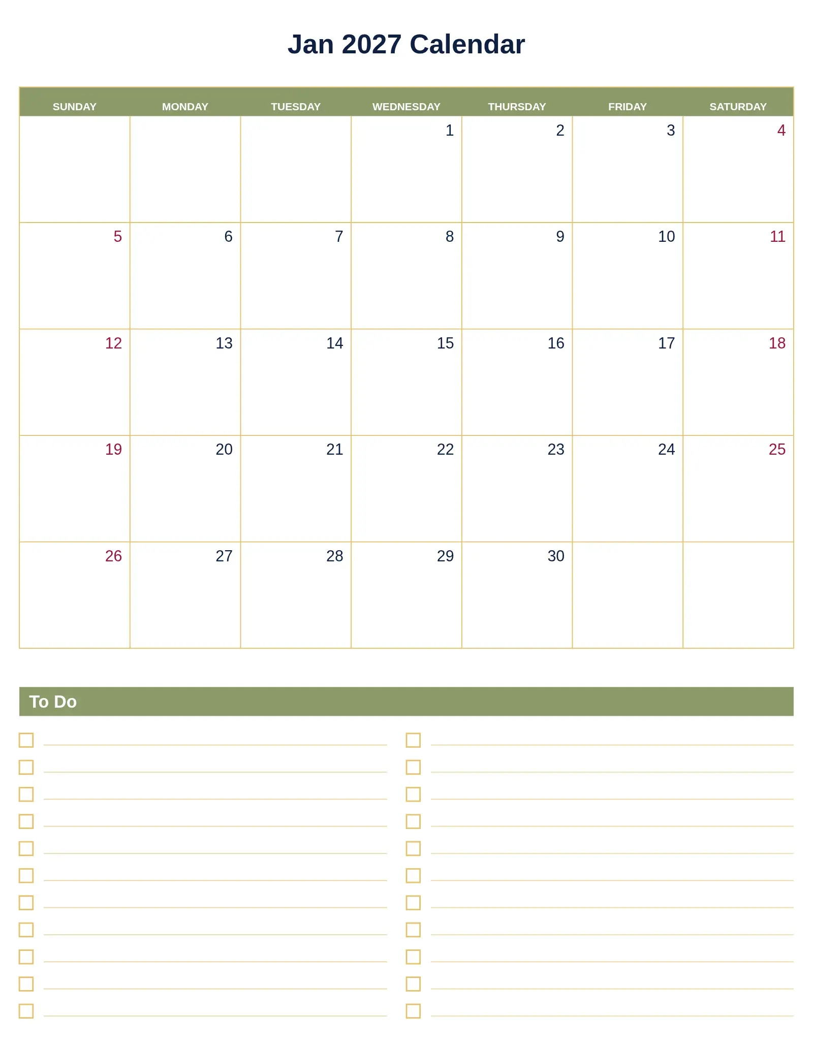 Jan 2027 Calendar With To Do List Bottom Portrait