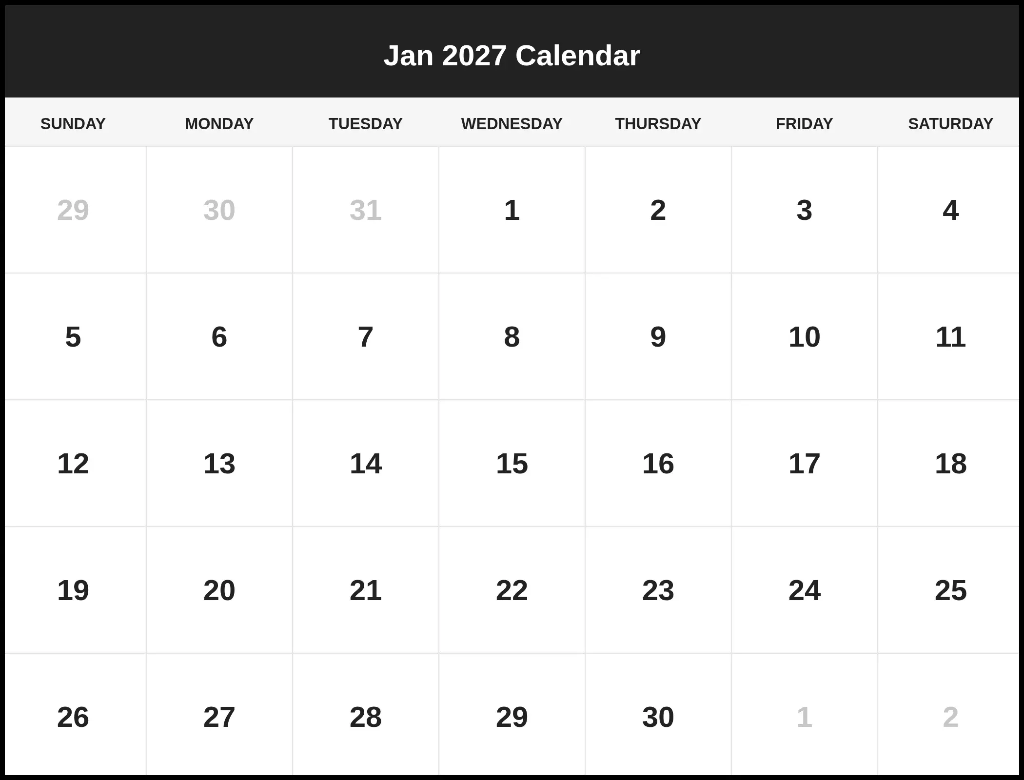 Jan 2027 Calendar