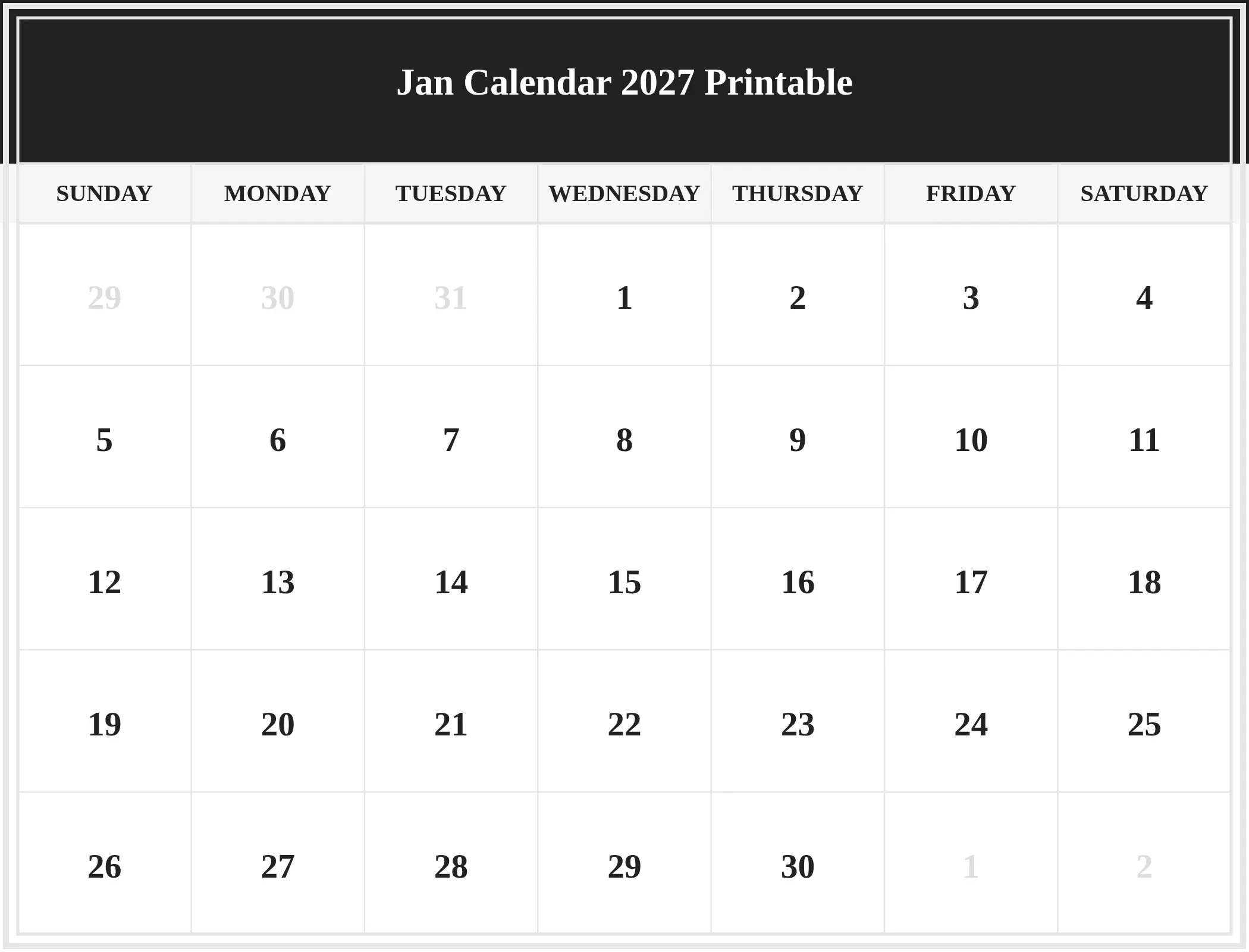 Jan Calendar 2027 Printable Download Landscape Jan Calendar 2027 Printable Download Landscape