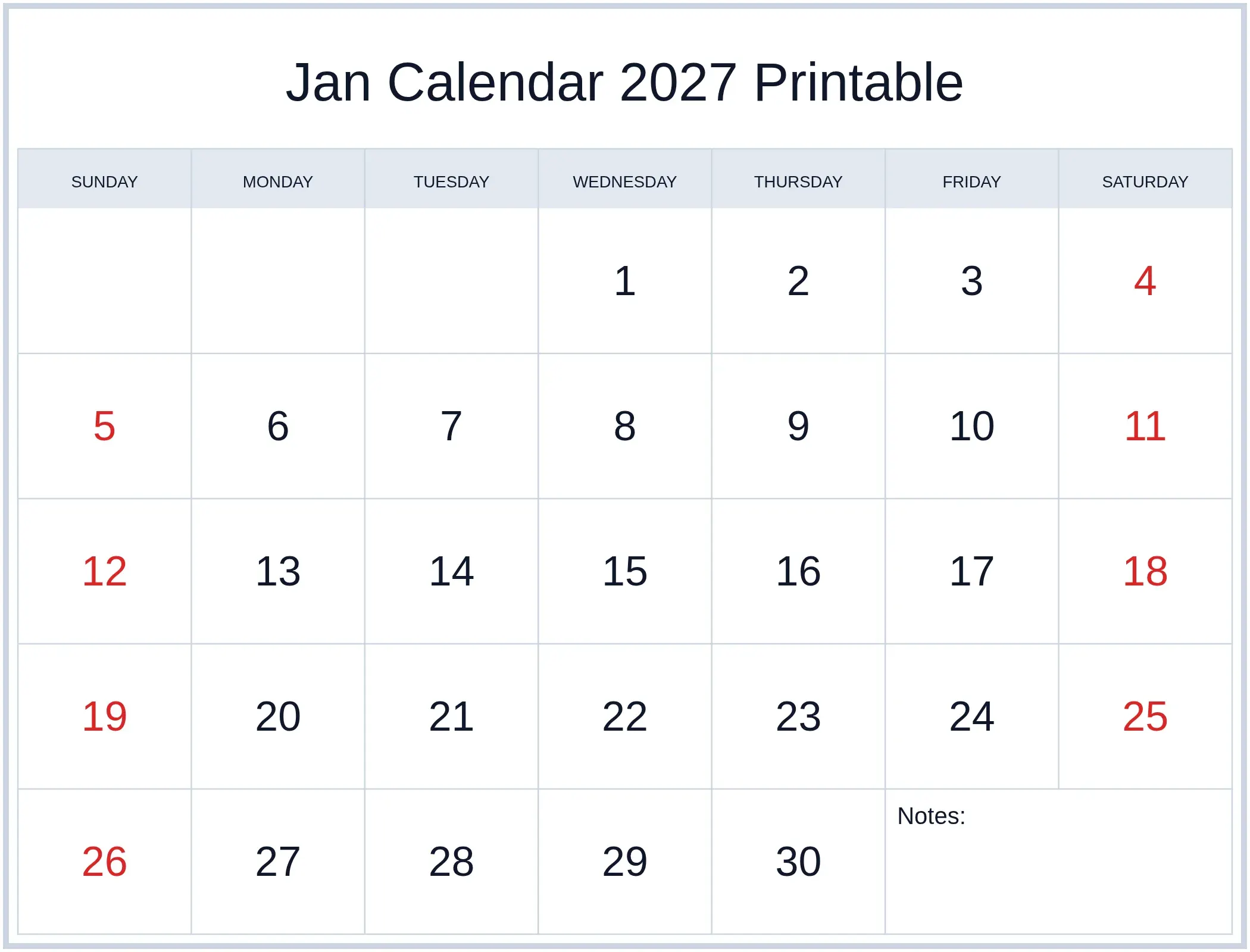 Jan Calendar 2027 Printable with Notes Bottom Landscape Jan Calendar 2027 Printable with Notes Bottom Landscape