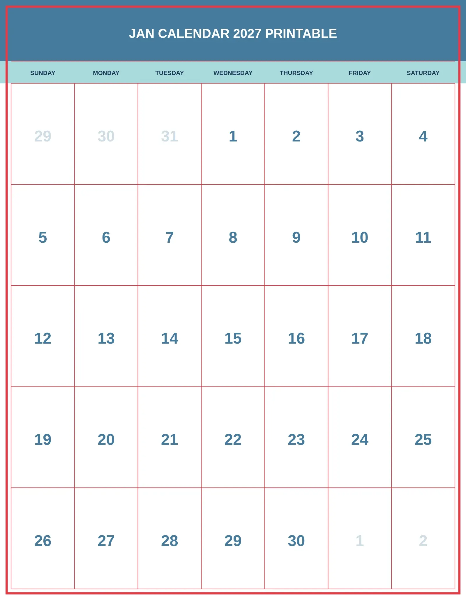 Jan Calendar 2027 Printable With Portrait Template Jan Calendar 2027 Printable With Portrait Template