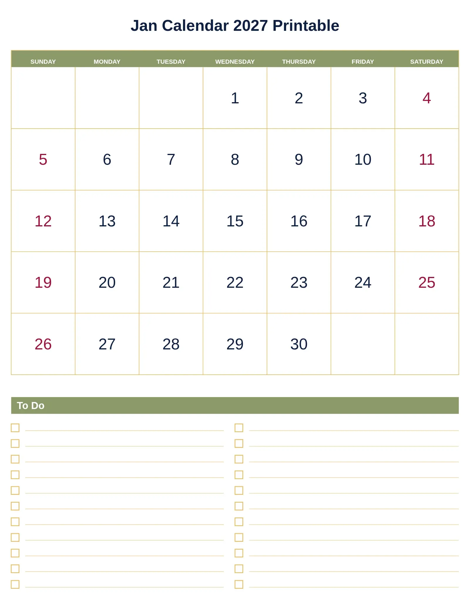 Jan Calendar 2027 Printable With To Do List Bottom Portrait