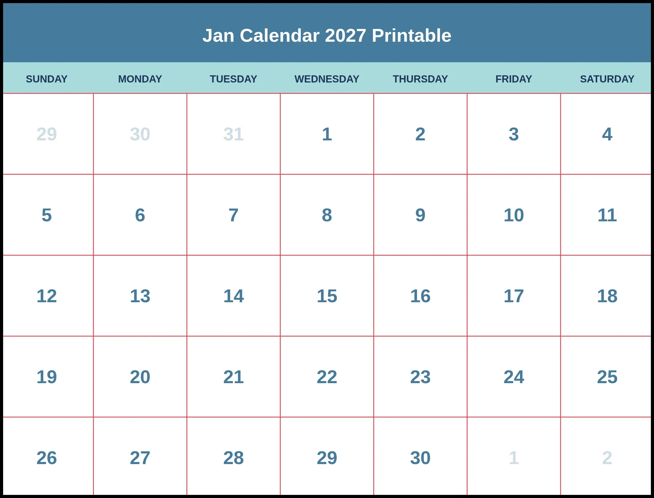 Jan Calendar 2027 Printable Jan Calendar 2027 Printable