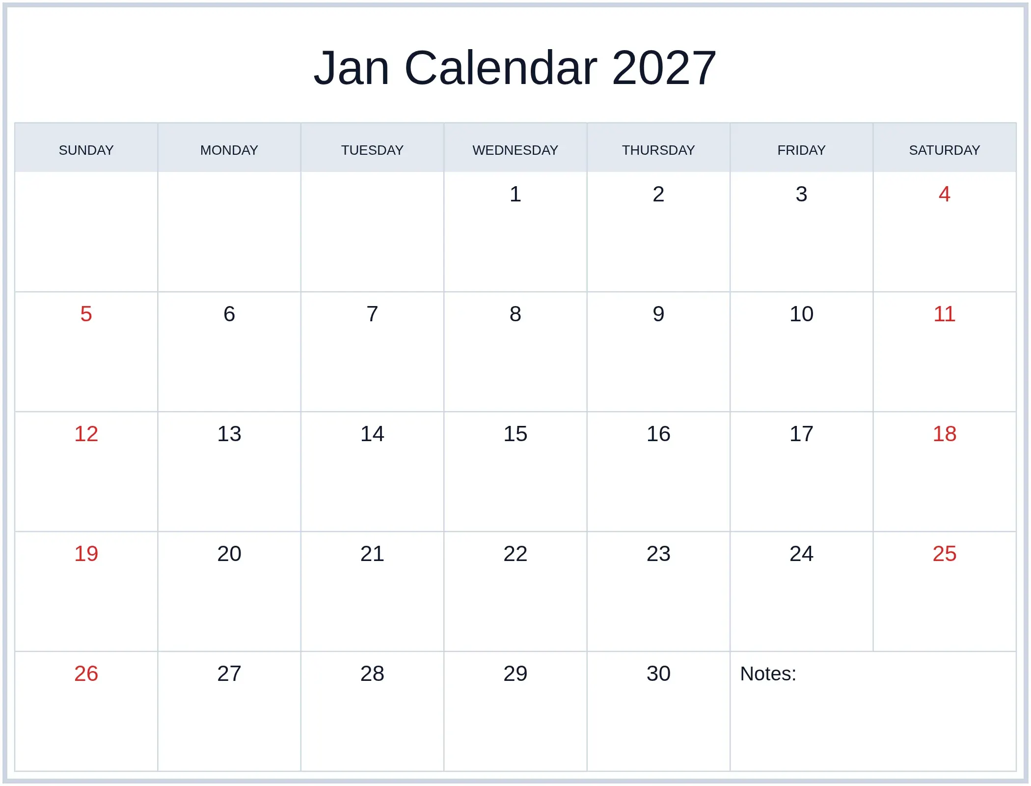 Jan Calendar 2027 with Notes Bottom Landscape