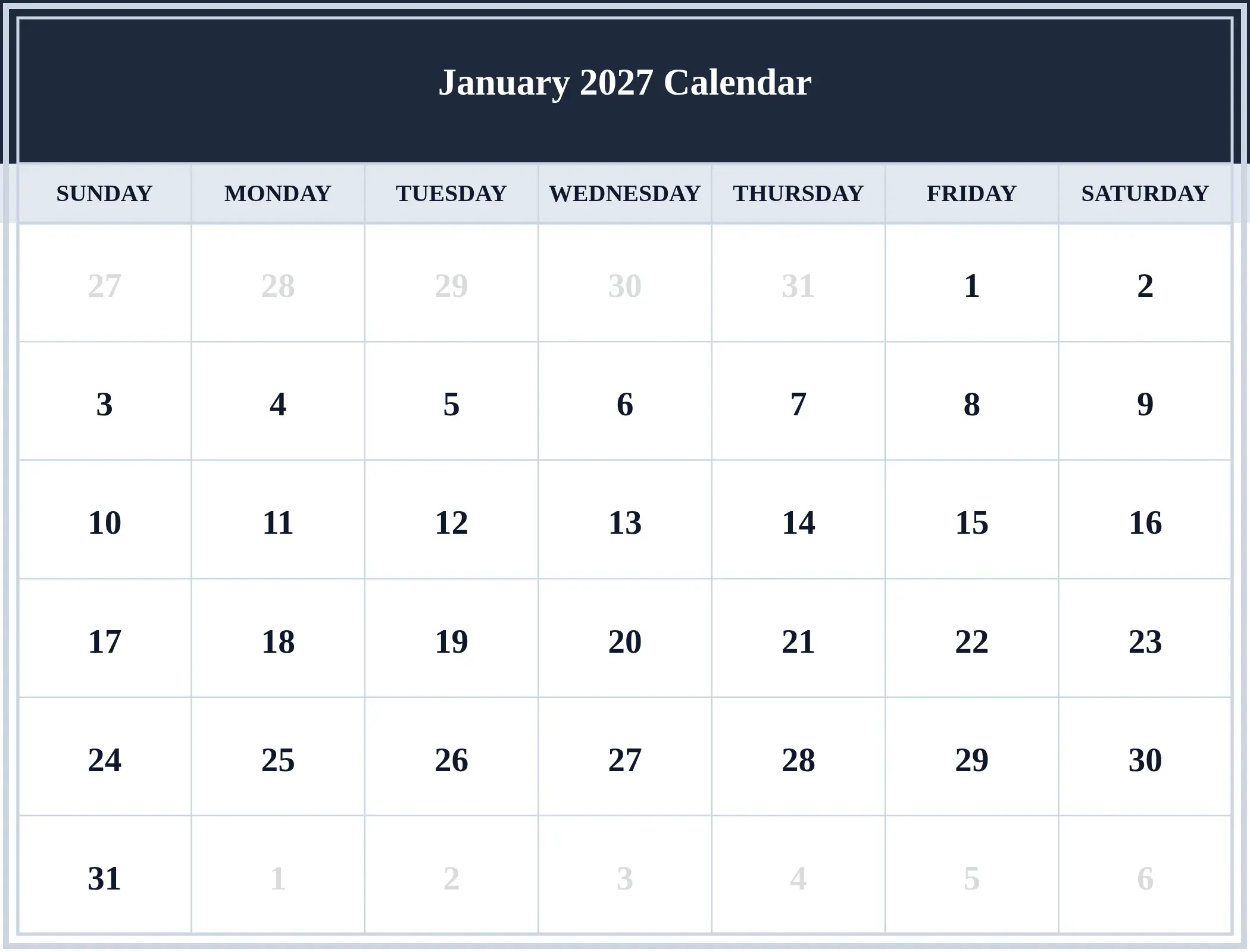 January 2027 Calendar Download Landscape