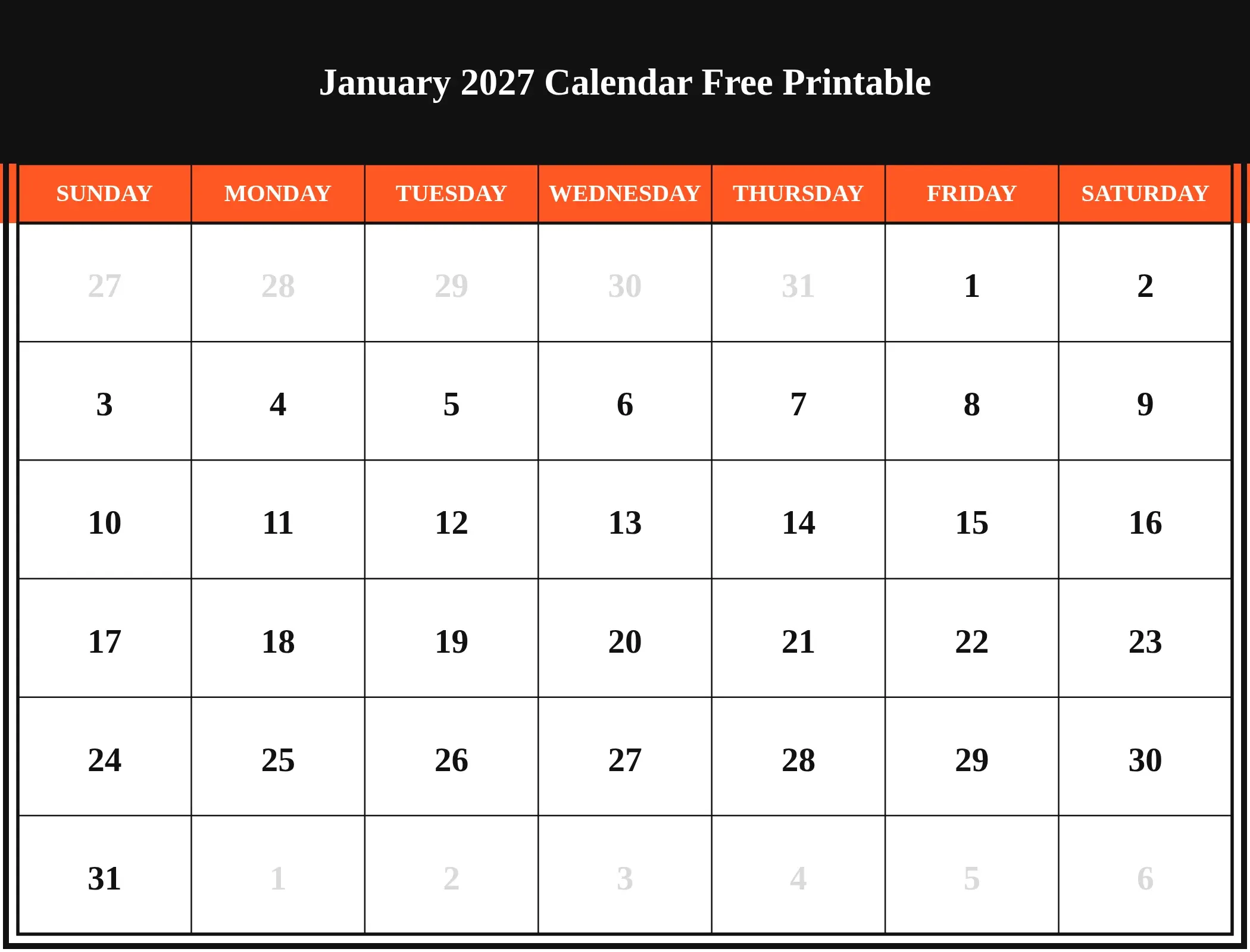 January 2027 Calendar Free Printable Download Landscape January 2027 Calendar Free Printable Download Landscape
