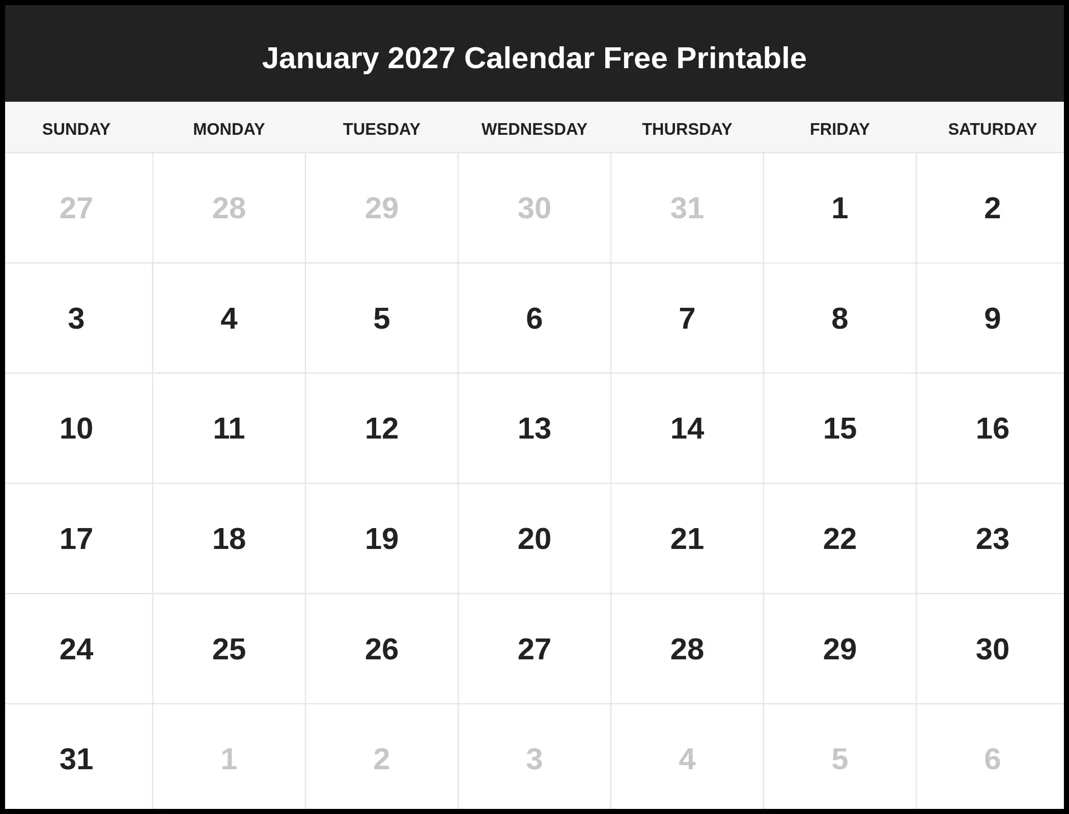 January 2027 Calendar Free Printable Pdf January 2027 Calendar Free Printable Pdf