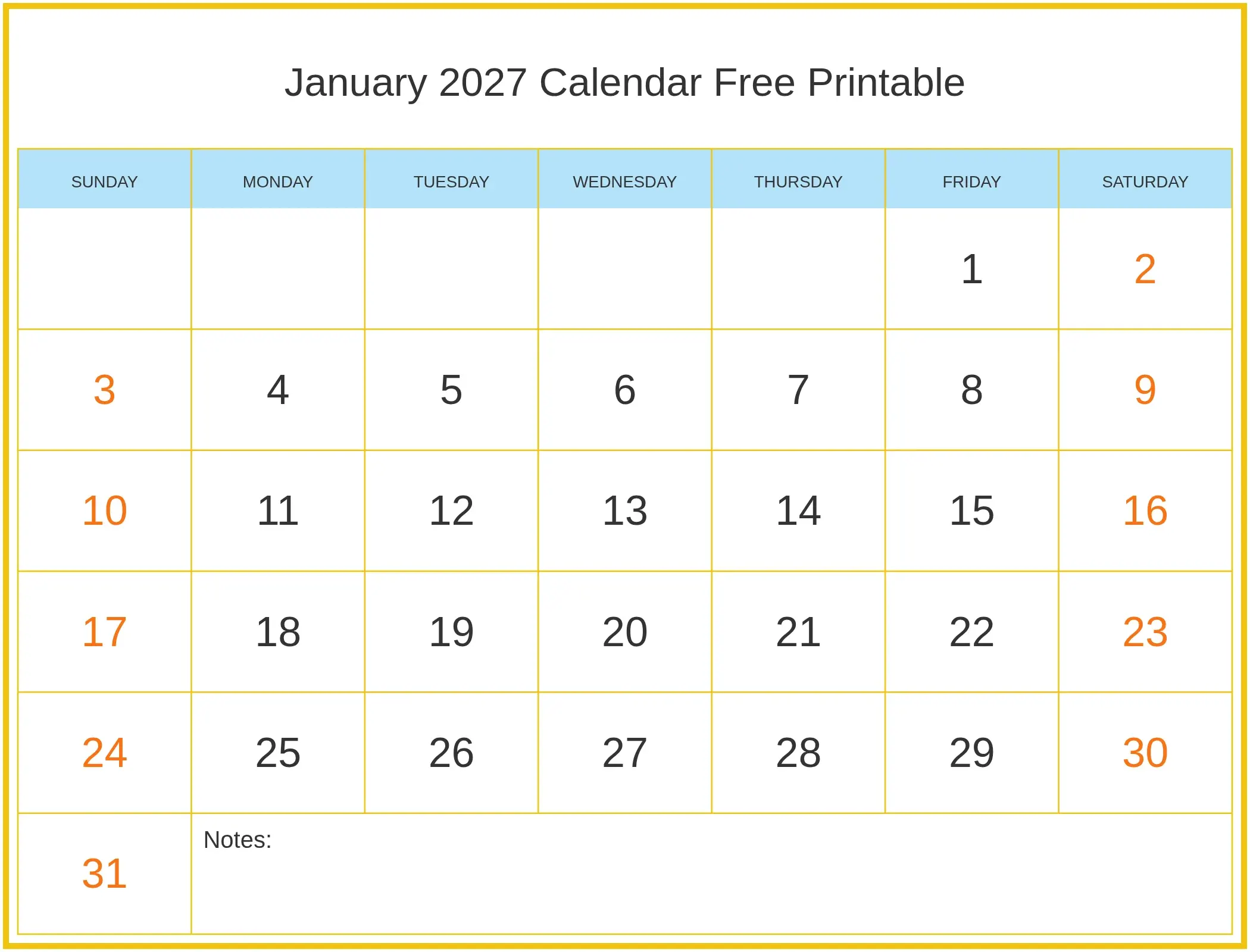 January 2027 Calendar Free Printable with Notes Bottom Landscape January 2027 Calendar Free Printable with Notes Bottom Landscape