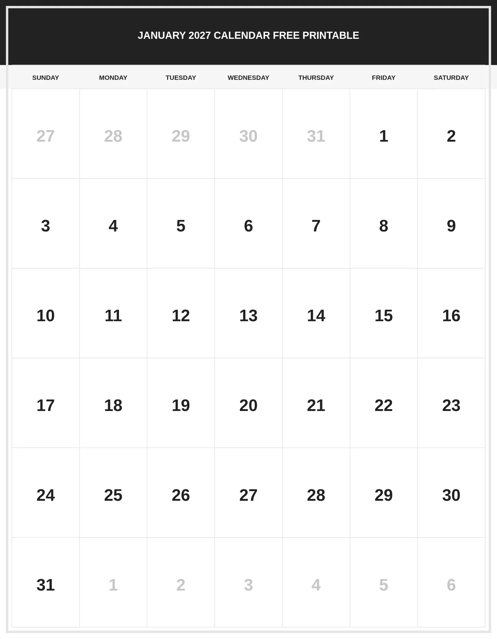 January 2027 Calendar Free Printable With Portrait Template