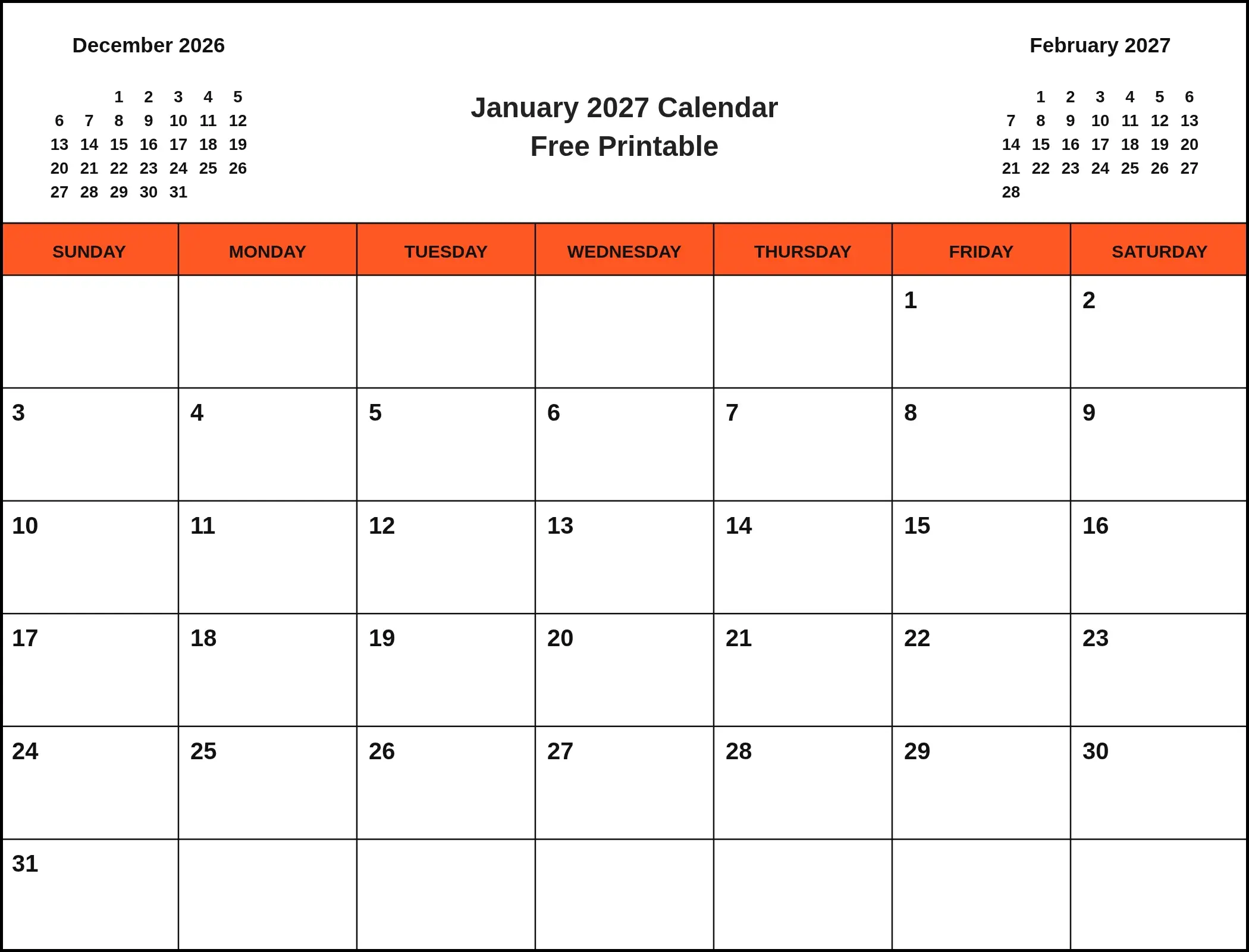 January 2027 Calendar Free Printable With Three Month View January 2027 Calendar Free Printable With Three Month View