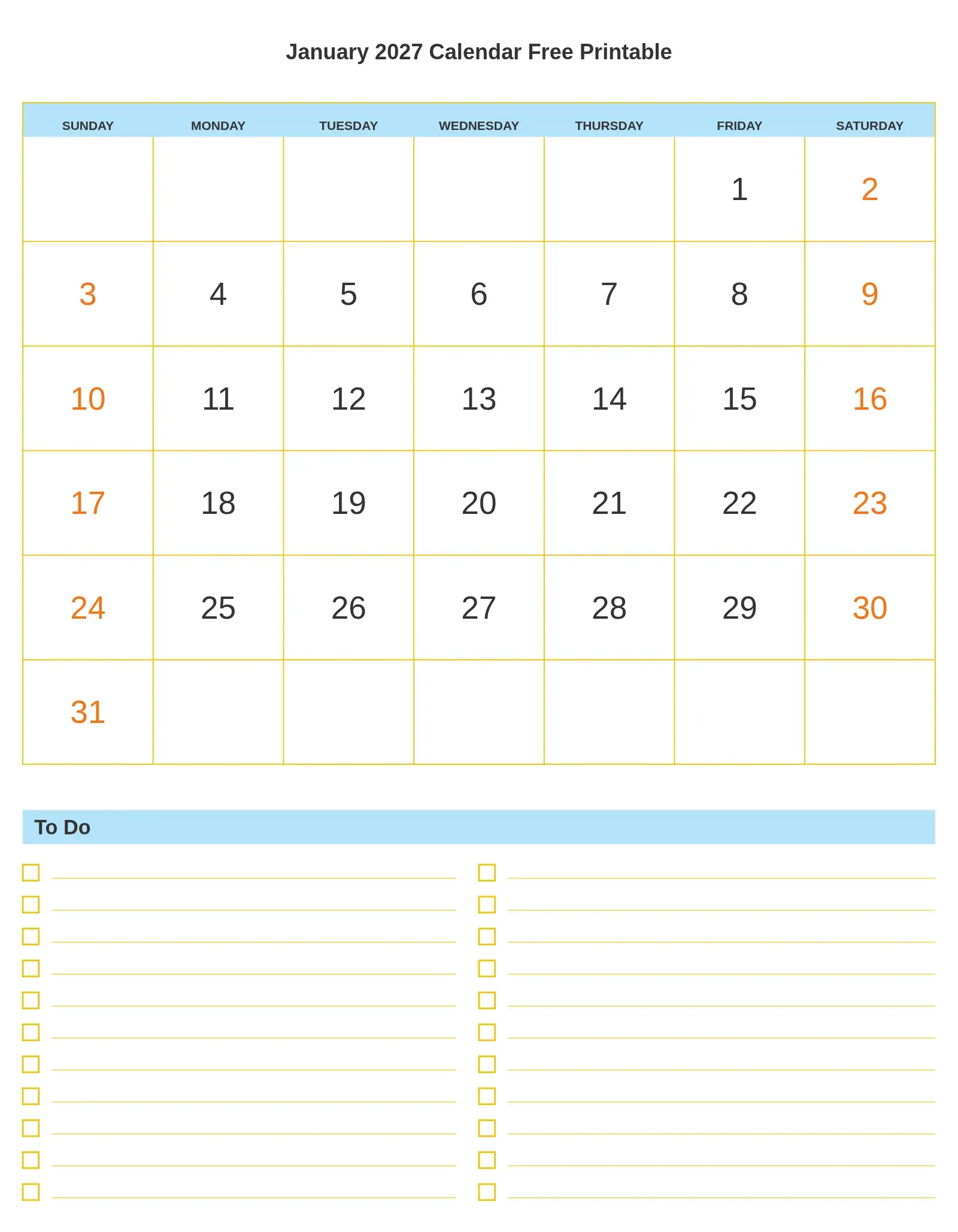January 2027 Calendar Free Printable With To Do List Bottom Portrait January 2027 Calendar Free Printable With To Do List Bottom Portrait
