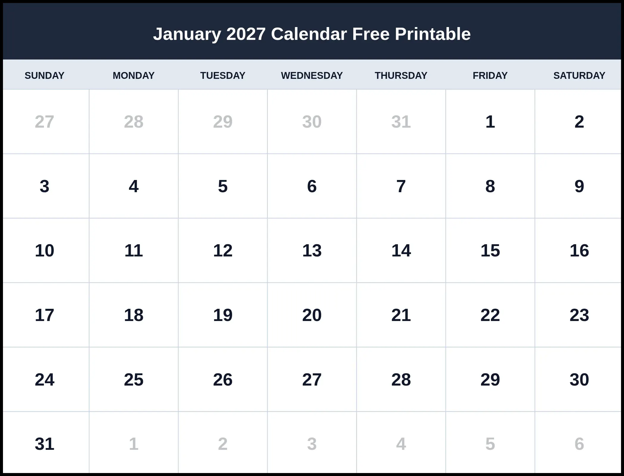 January 2027 Calendar Free Printable January 2027 Calendar Free Printable
