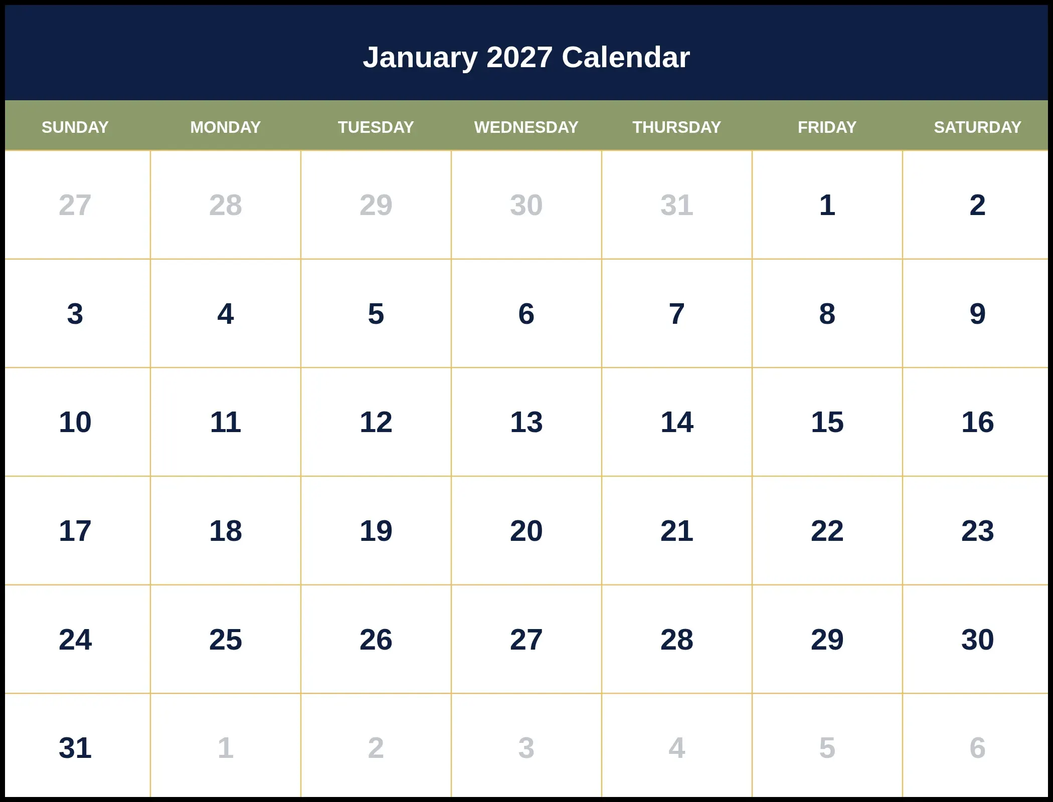 January 2027 Calendar Pdf