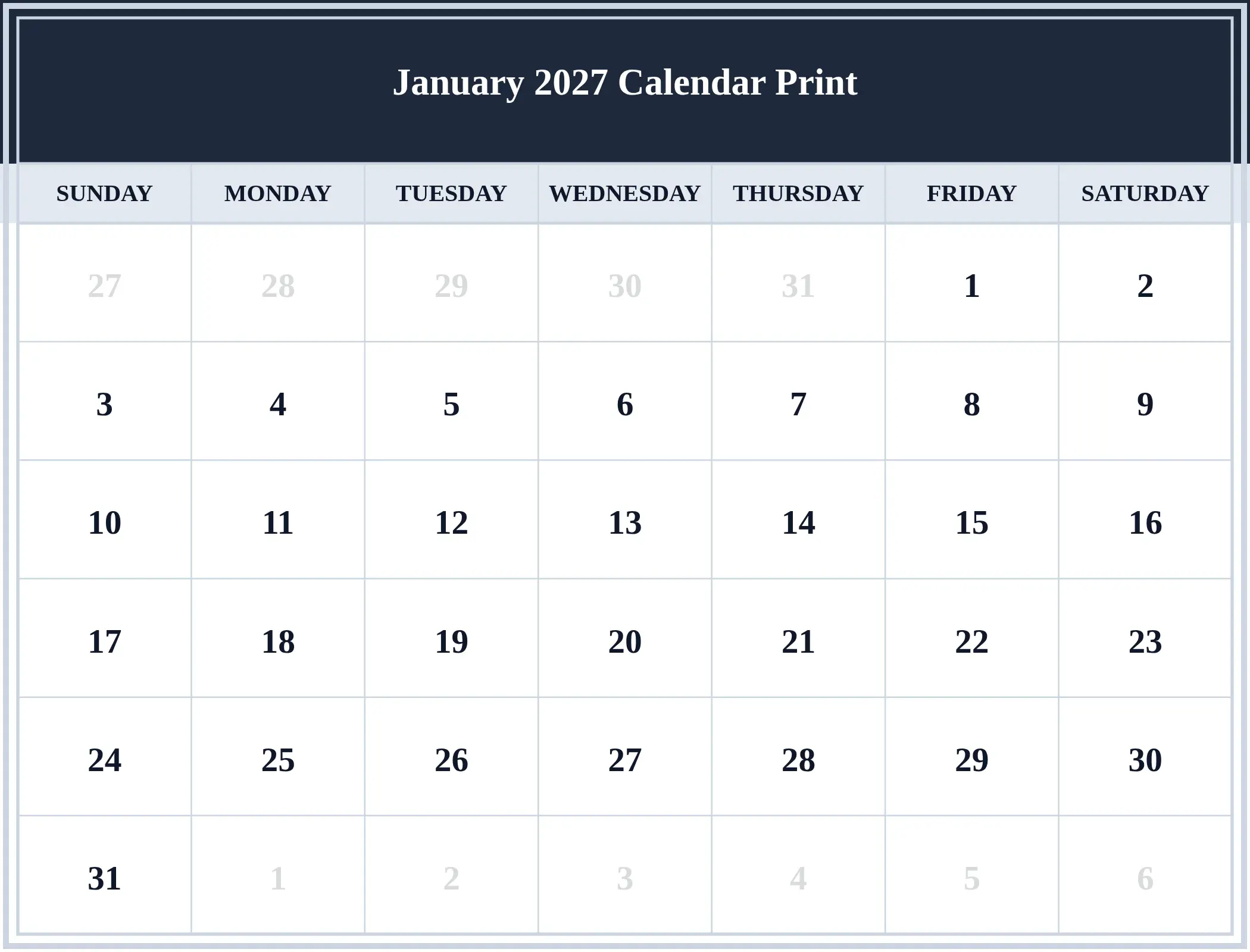 January 2027 Calendar Print Download Landscape January 2027 Calendar Print Download Landscape