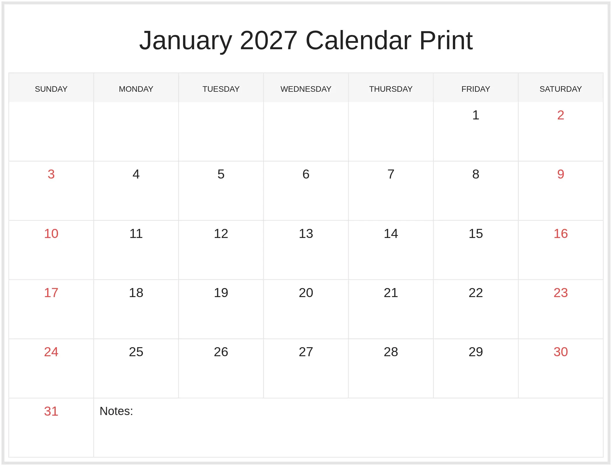 January 2027 Calendar Print with Notes Bottom Landscape January 2027 Calendar Print with Notes Bottom Landscape