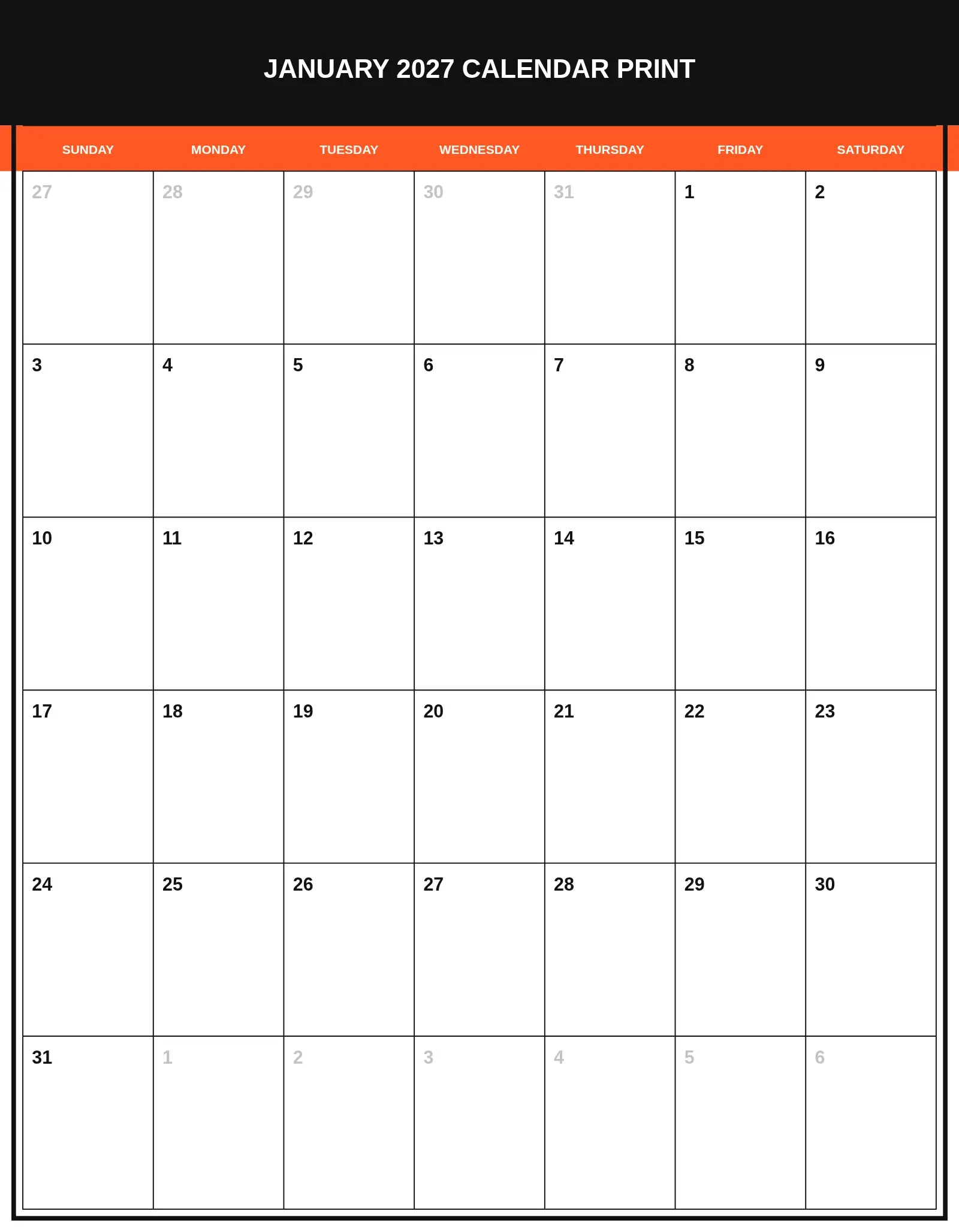 January 2027 Calendar Print With Portrait Template January 2027 Calendar Print With Portrait Template
