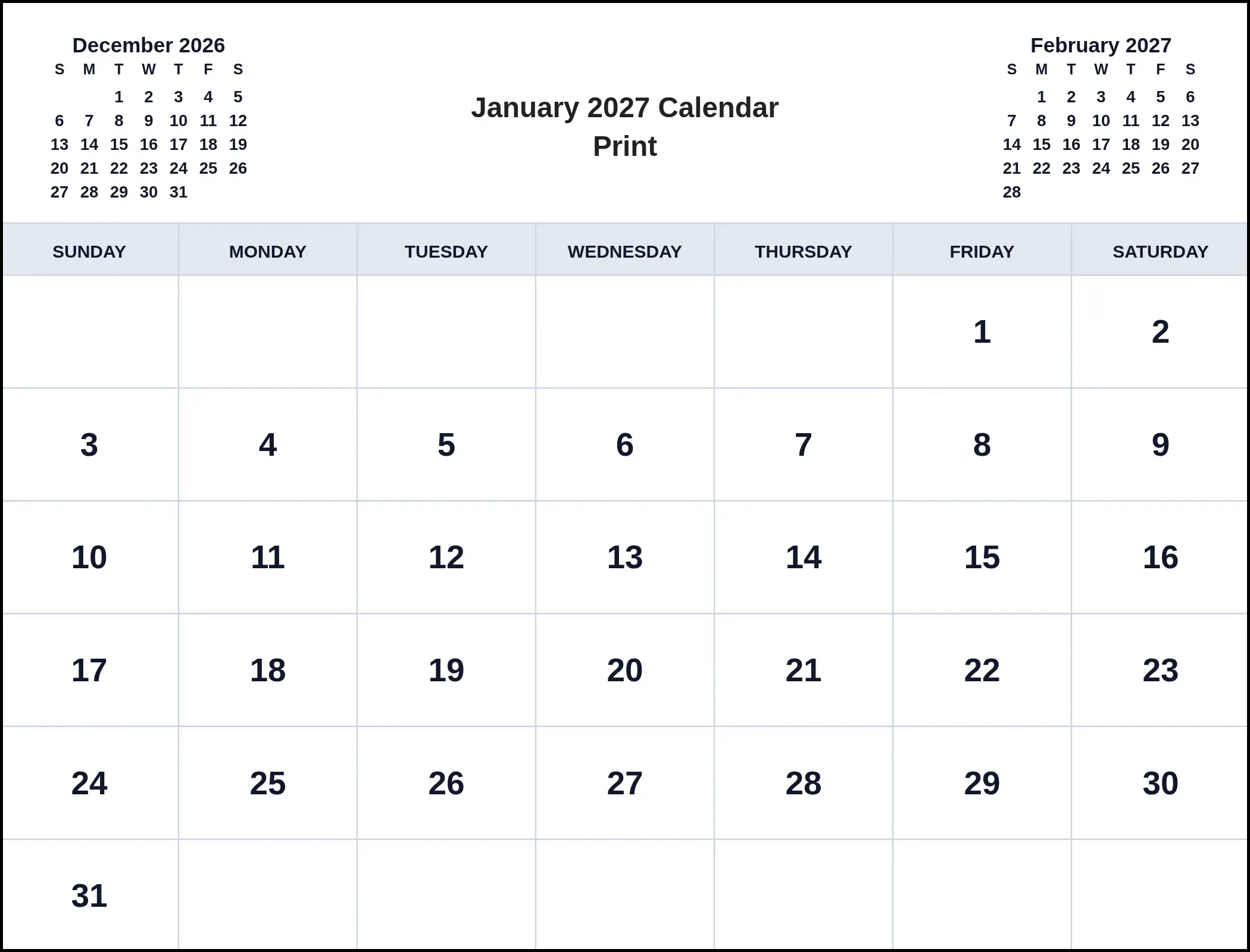 January 2027 Calendar Print With Three Month View January 2027 Calendar Print With Three Month View