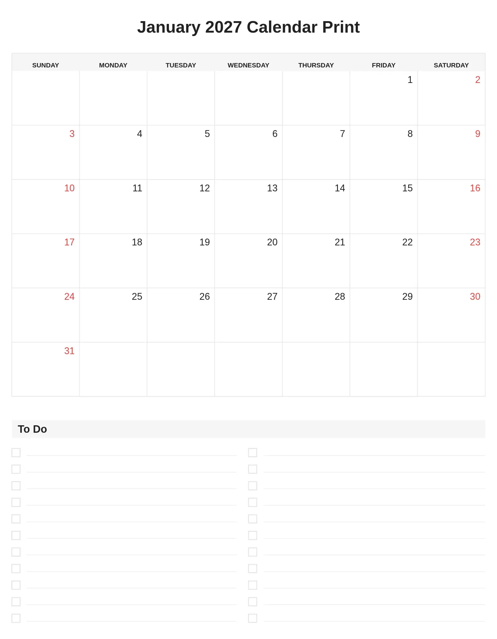 January 2027 Calendar Print With To Do List Bottom Portrait January 2027 Calendar Print With To Do List Bottom Portrait