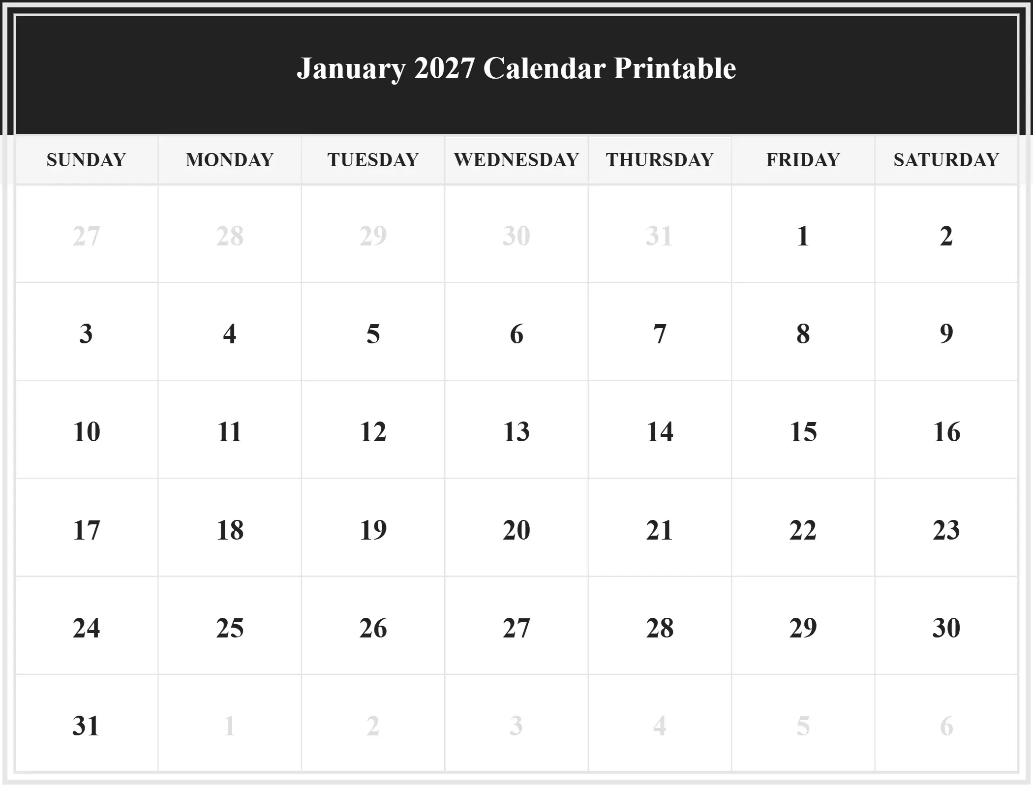 January 2027 Calendar Printable Download Landscape January 2027 Calendar Printable Download Landscape