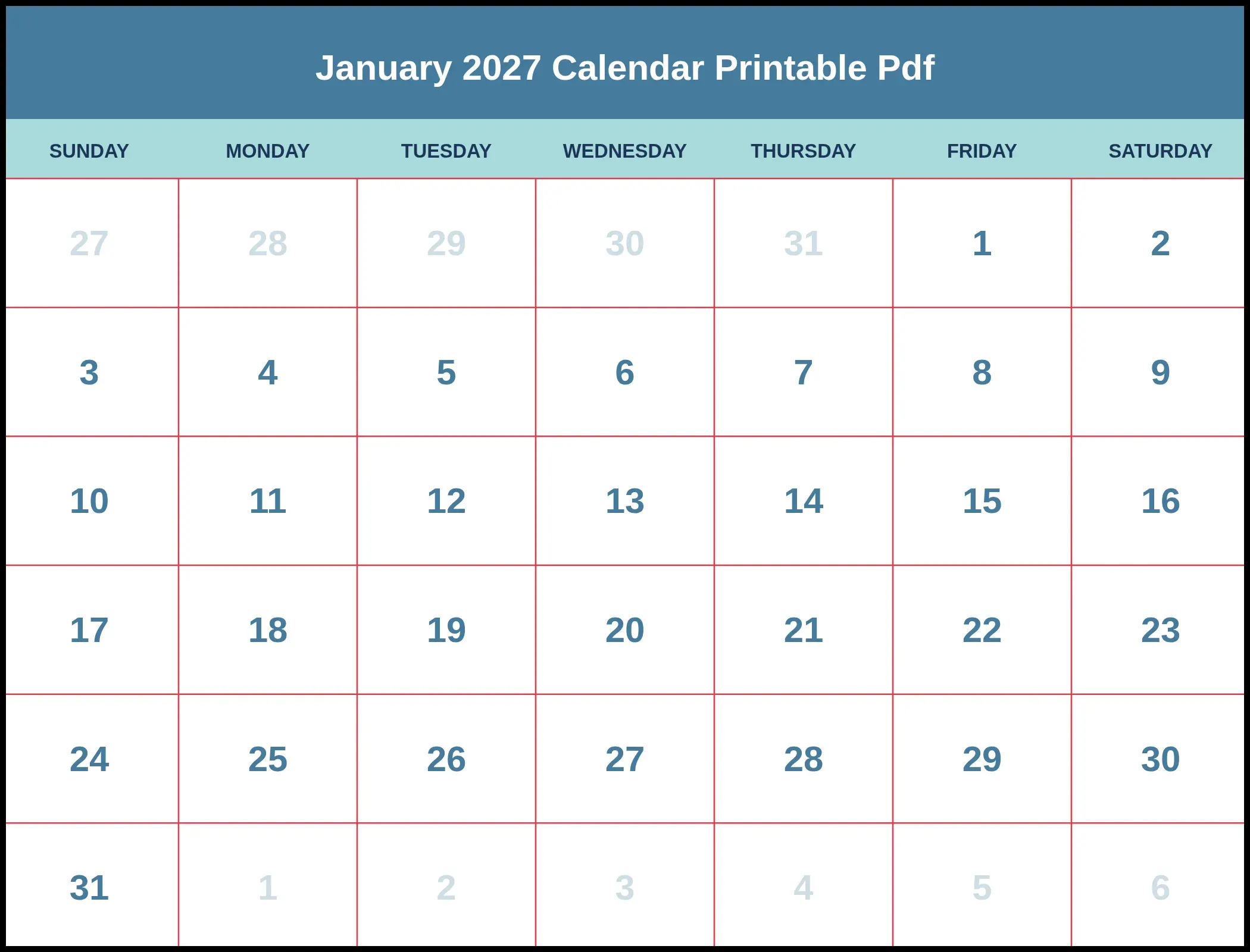 January 2027 Calendar Printable Pdf January 2027 Calendar Printable Pdf