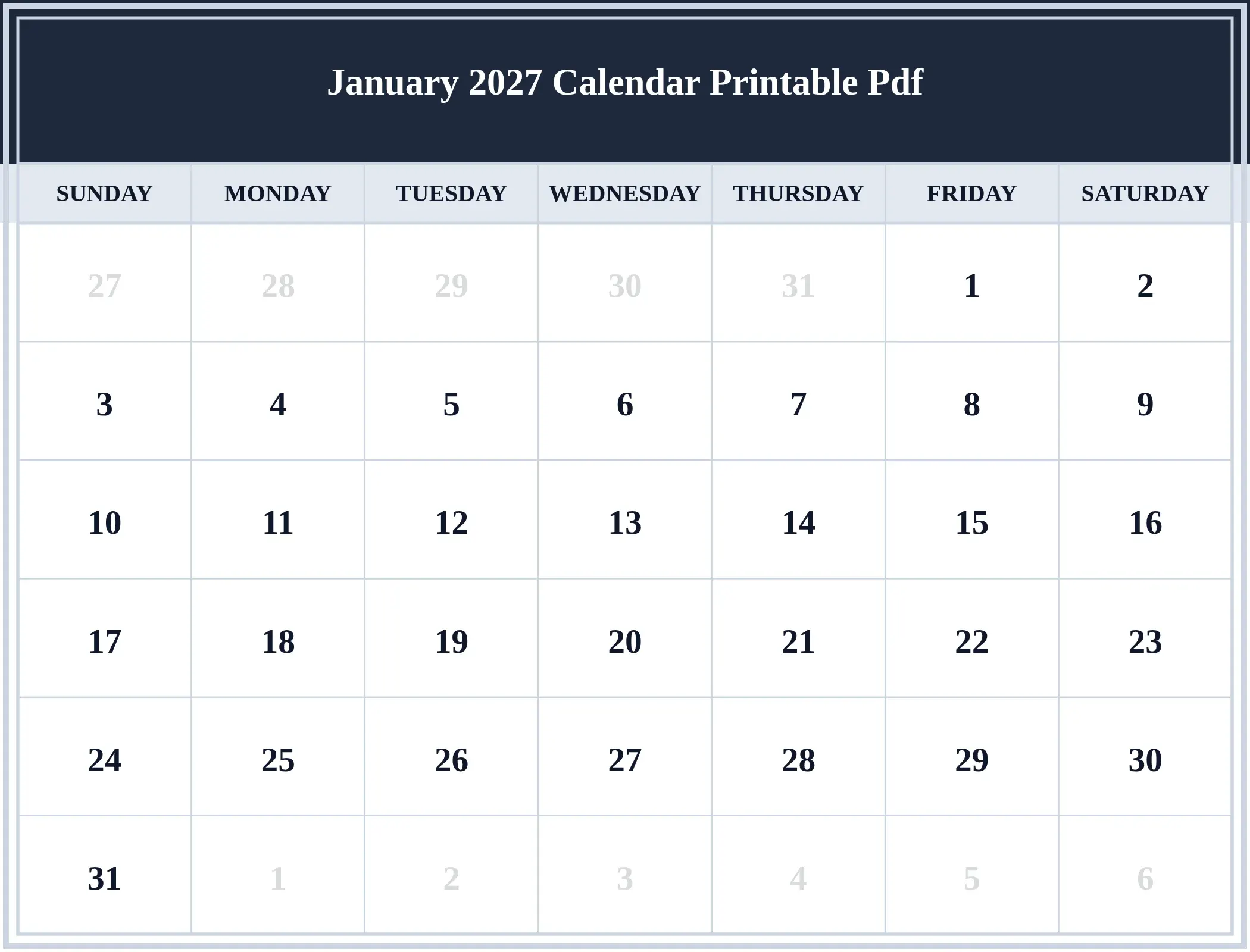 January 2027 Calendar Printable Pdf Download Landscape