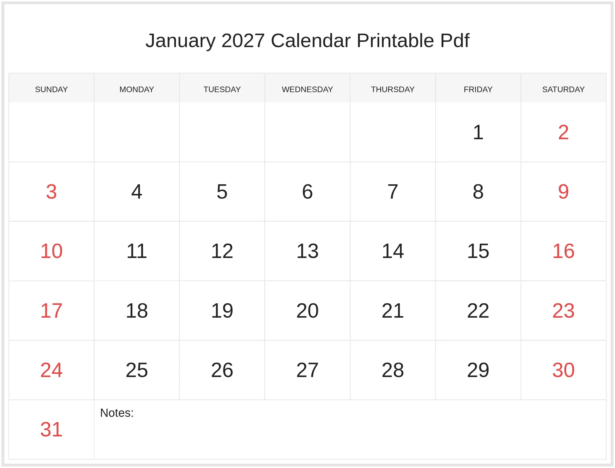 January 2027 Calendar Printable Pdf with Notes Bottom Landscape