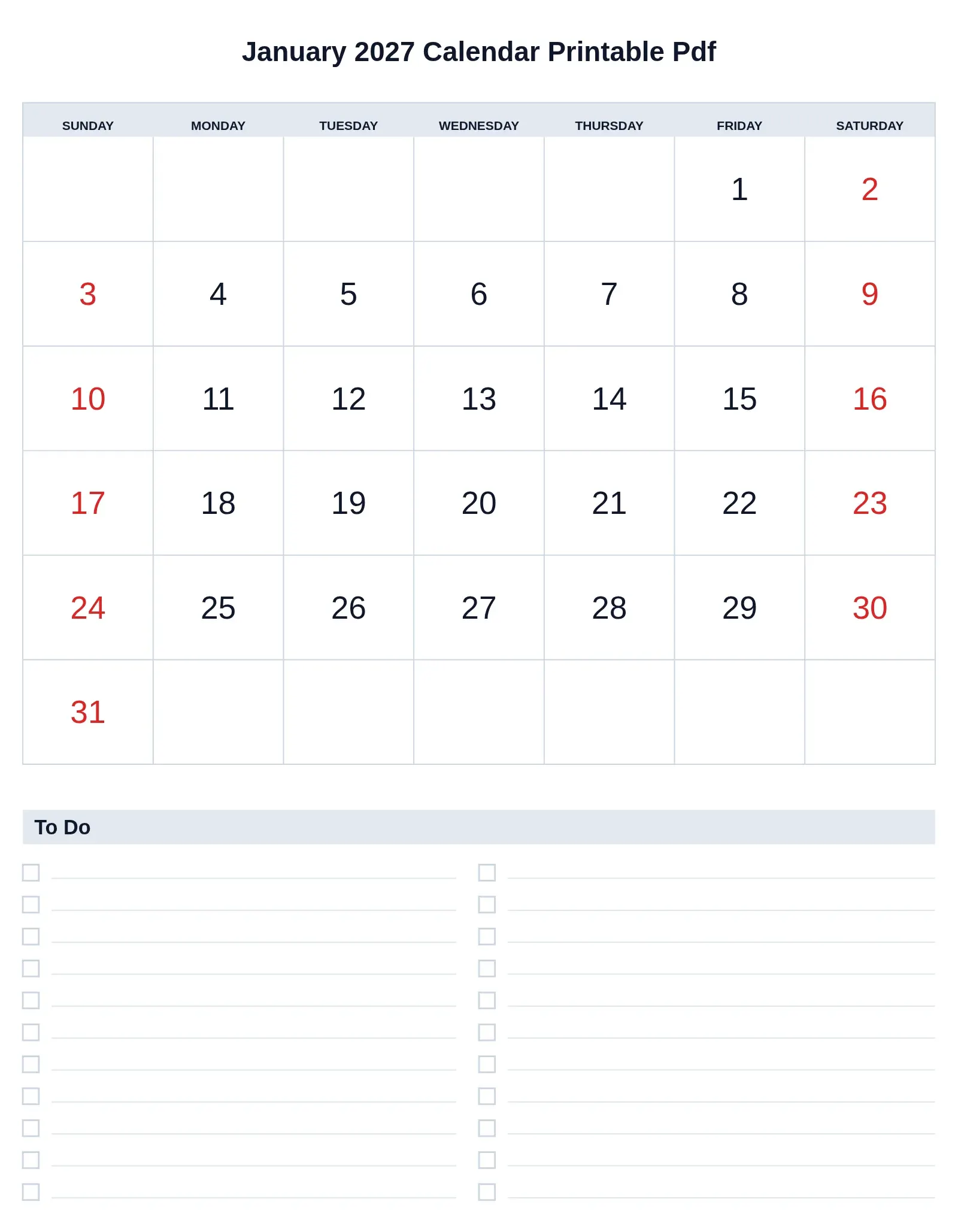 January 2027 Calendar Printable Pdf With To Do List Bottom Portrait