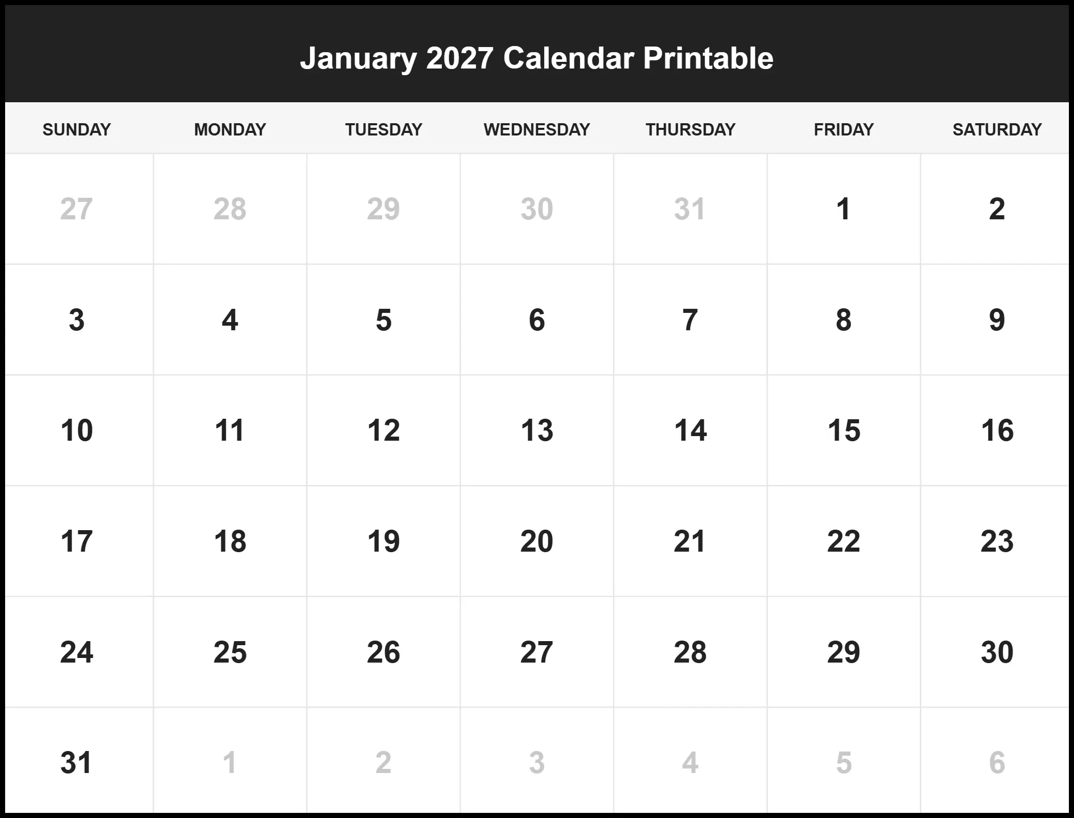 January 2027 Calendar Printable Pdf January 2027 Calendar Printable Pdf