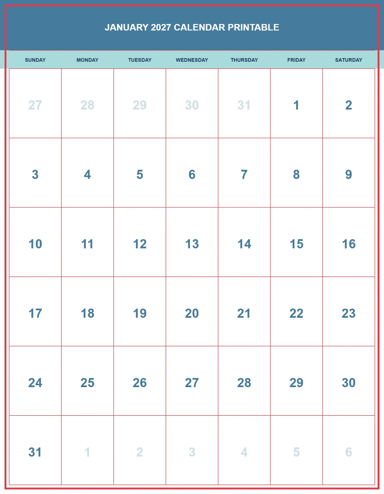 January 2027 Calendar Printable With Portrait Template