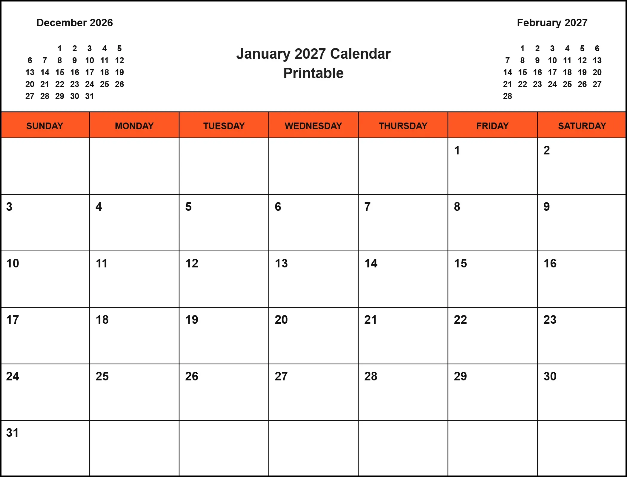 January 2027 Calendar Printable With Three Month View