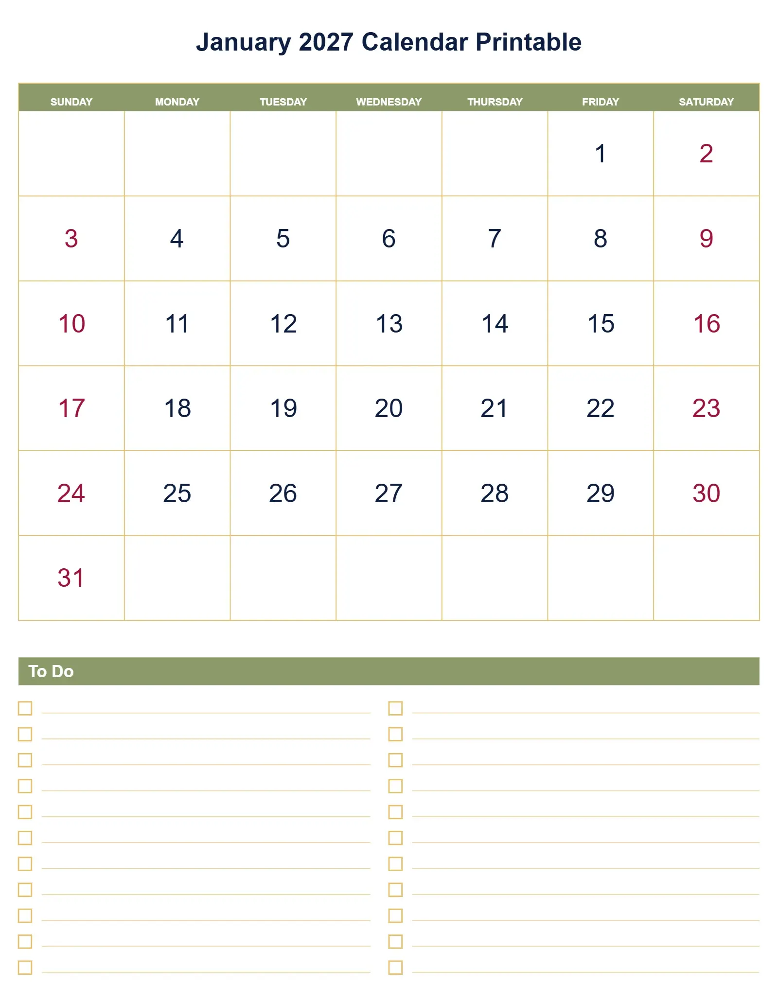 January 2027 Calendar Printable With To Do List Bottom Portrait January 2027 Calendar Printable With To Do List Bottom Portrait