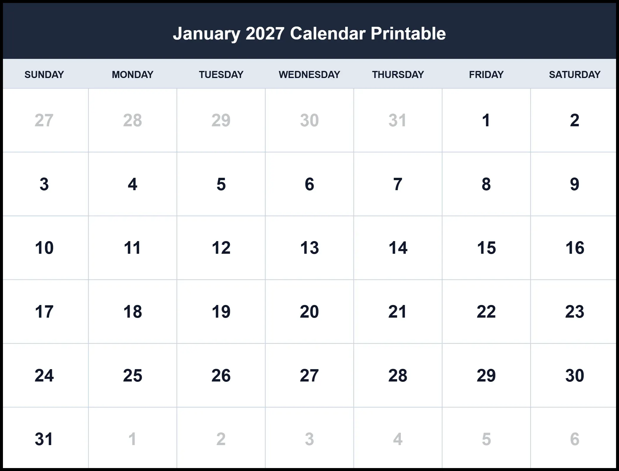 January 2027 Calendar Printable January 2027 Calendar Printable