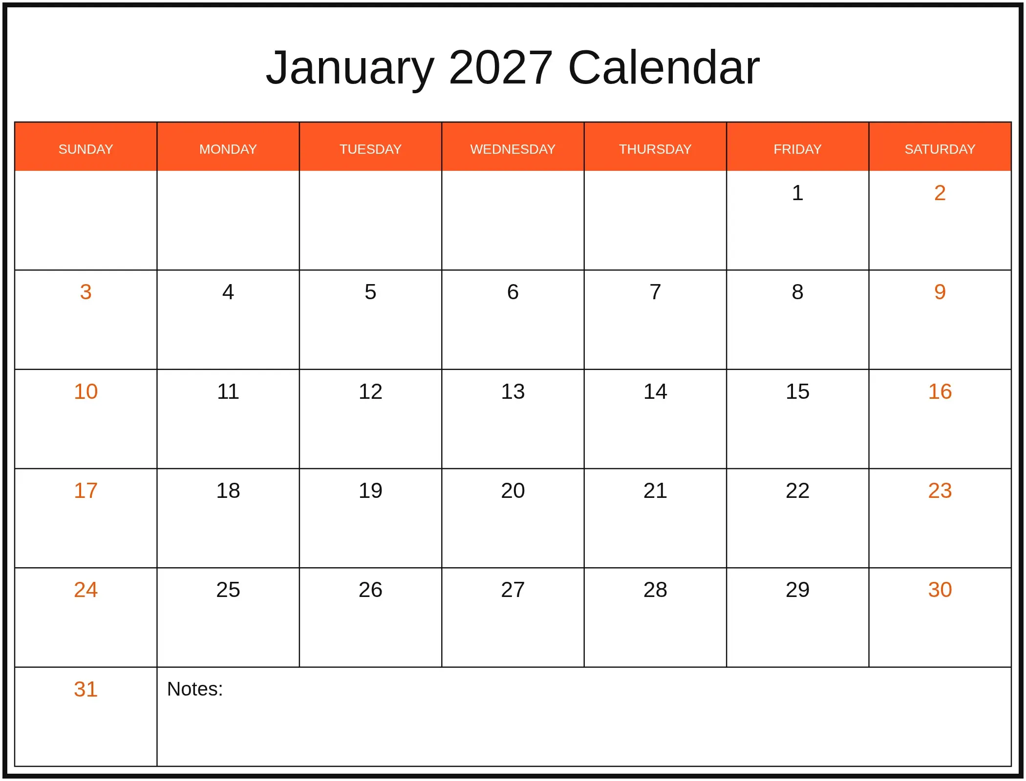 January 2027 Calendar with Notes Bottom Landscape January 2027 Calendar with Notes Bottom Landscape