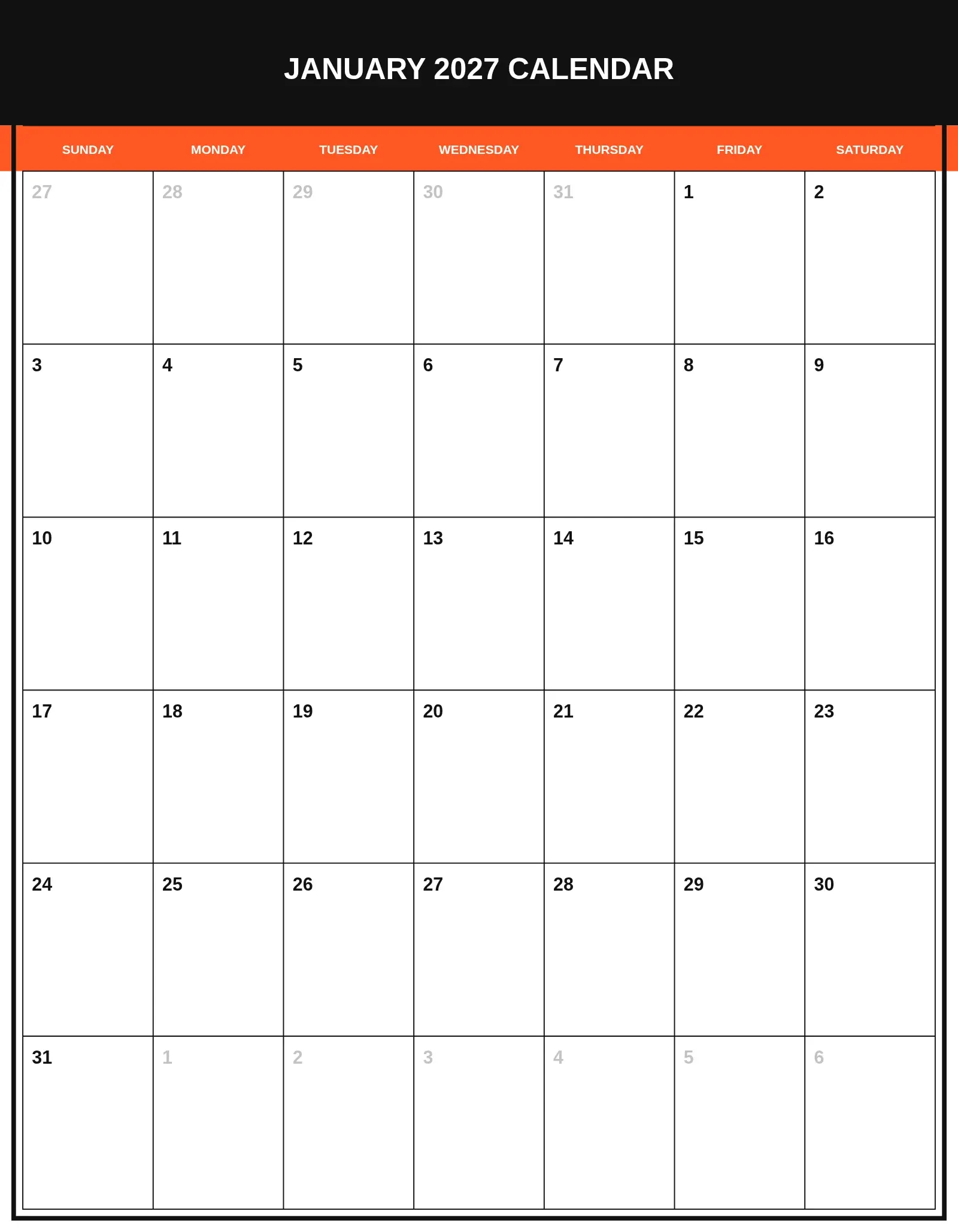 January 2027 Calendar With Portrait Template January 2027 Calendar With Portrait Template