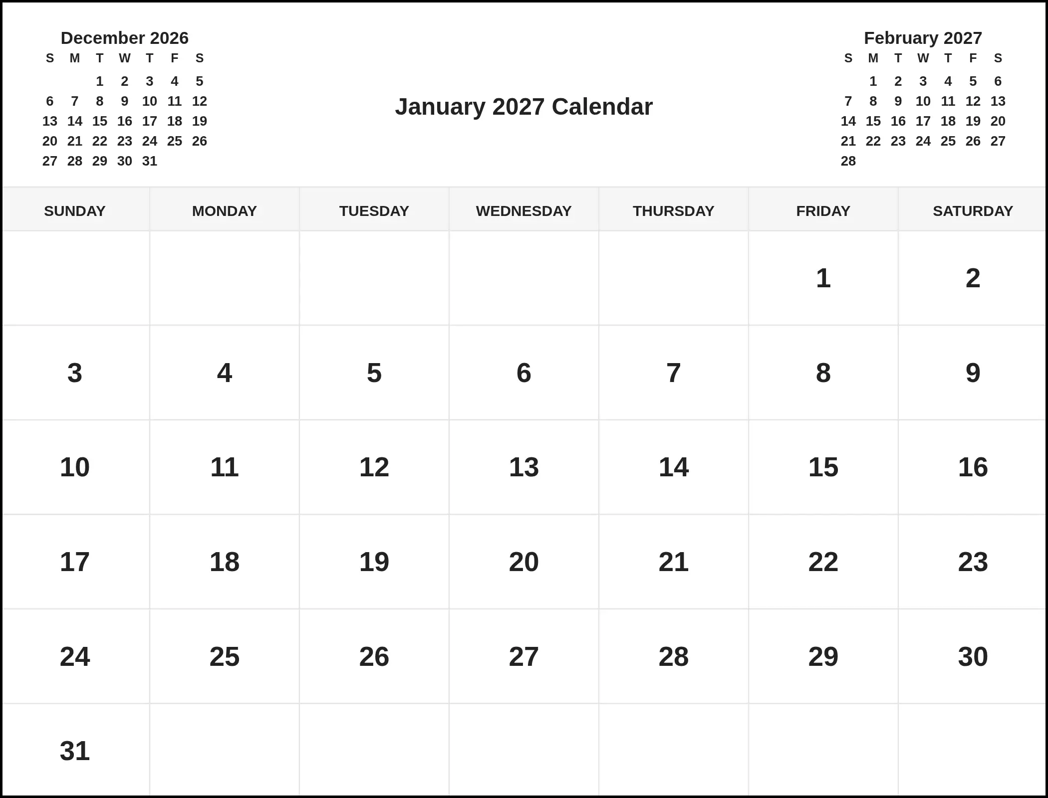January 2027 Calendar With Three Month View January 2027 Calendar With Three Month View