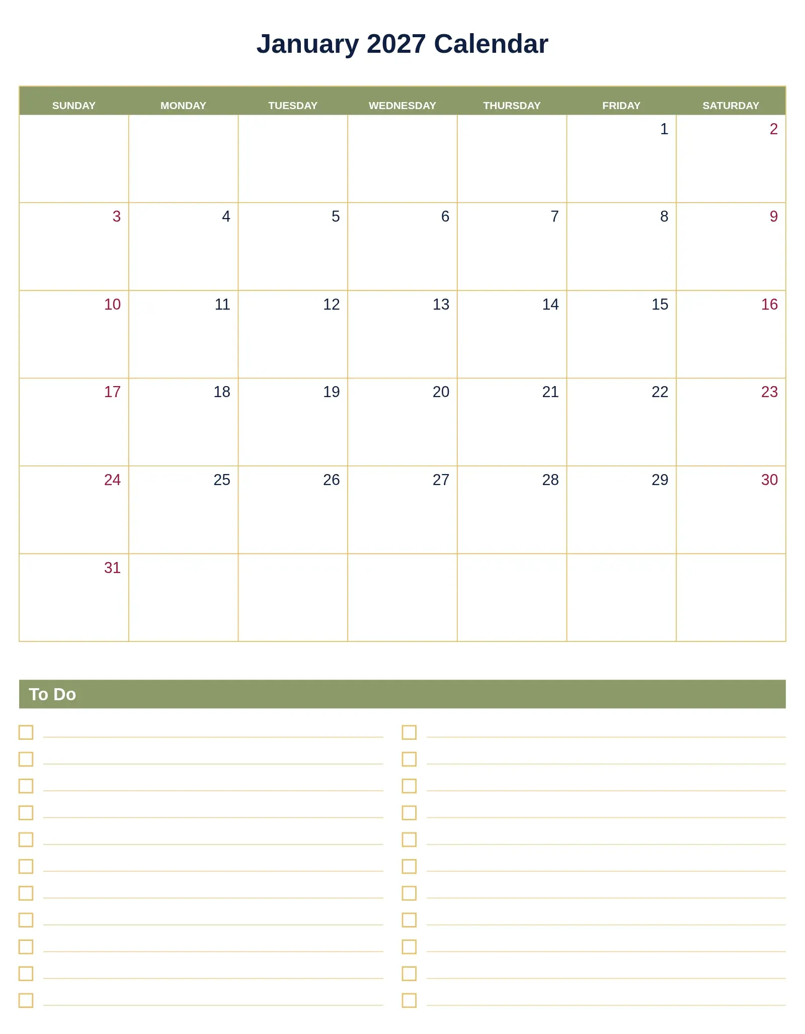 January 2027 Calendar With To Do List Bottom Portrait