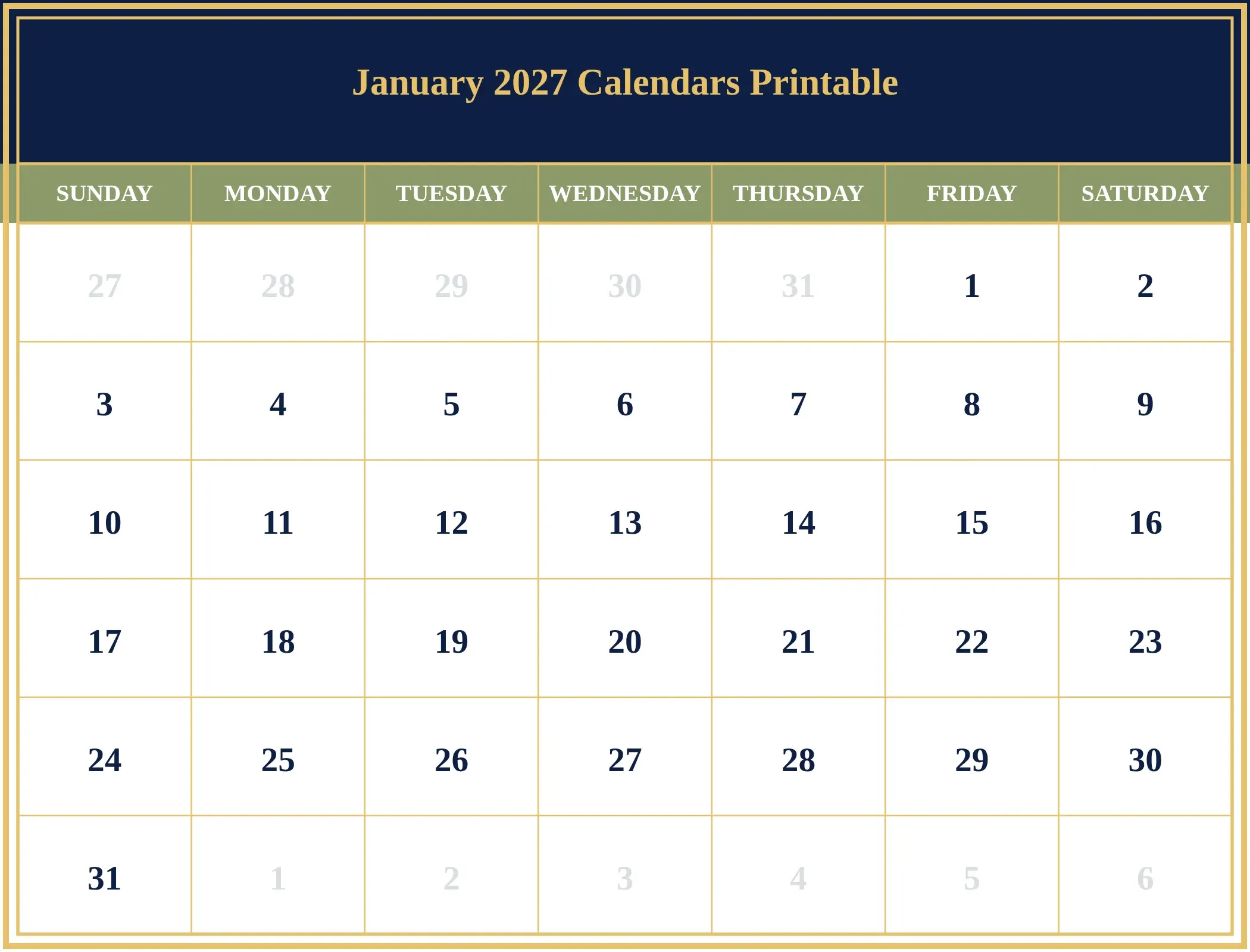 January 2027 Calendars Printable Download Landscape January 2027 Calendars Printable Download Landscape