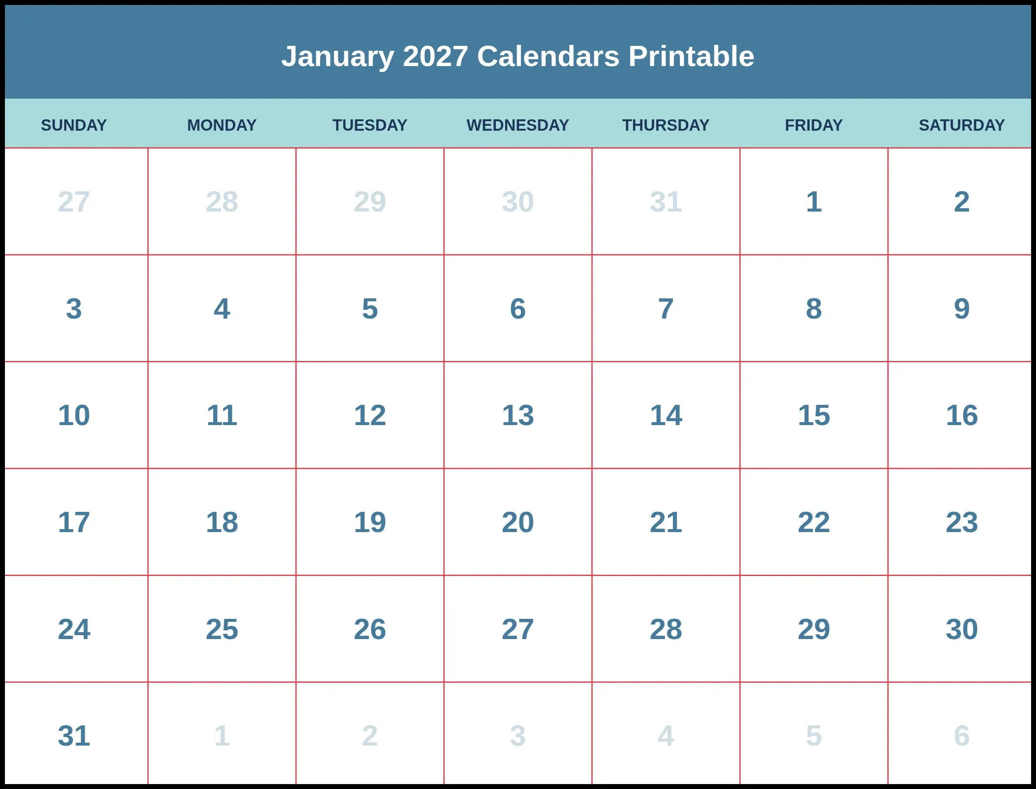 January 2027 Calendars Printable Pdf January 2027 Calendars Printable Pdf