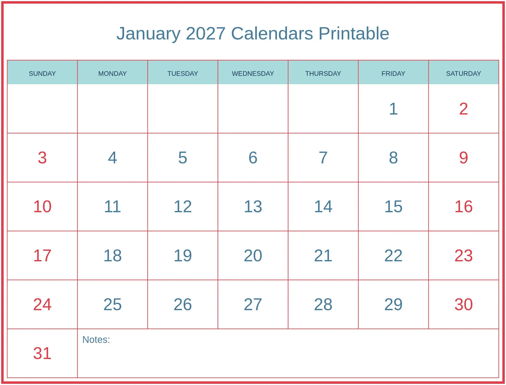 January 2027 Calendars Printable with Notes Bottom Landscape