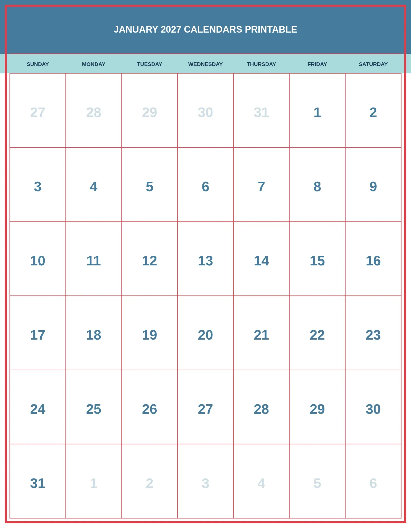 January 2027 Calendars Printable With Portrait Template January 2027 Calendars Printable With Portrait Template