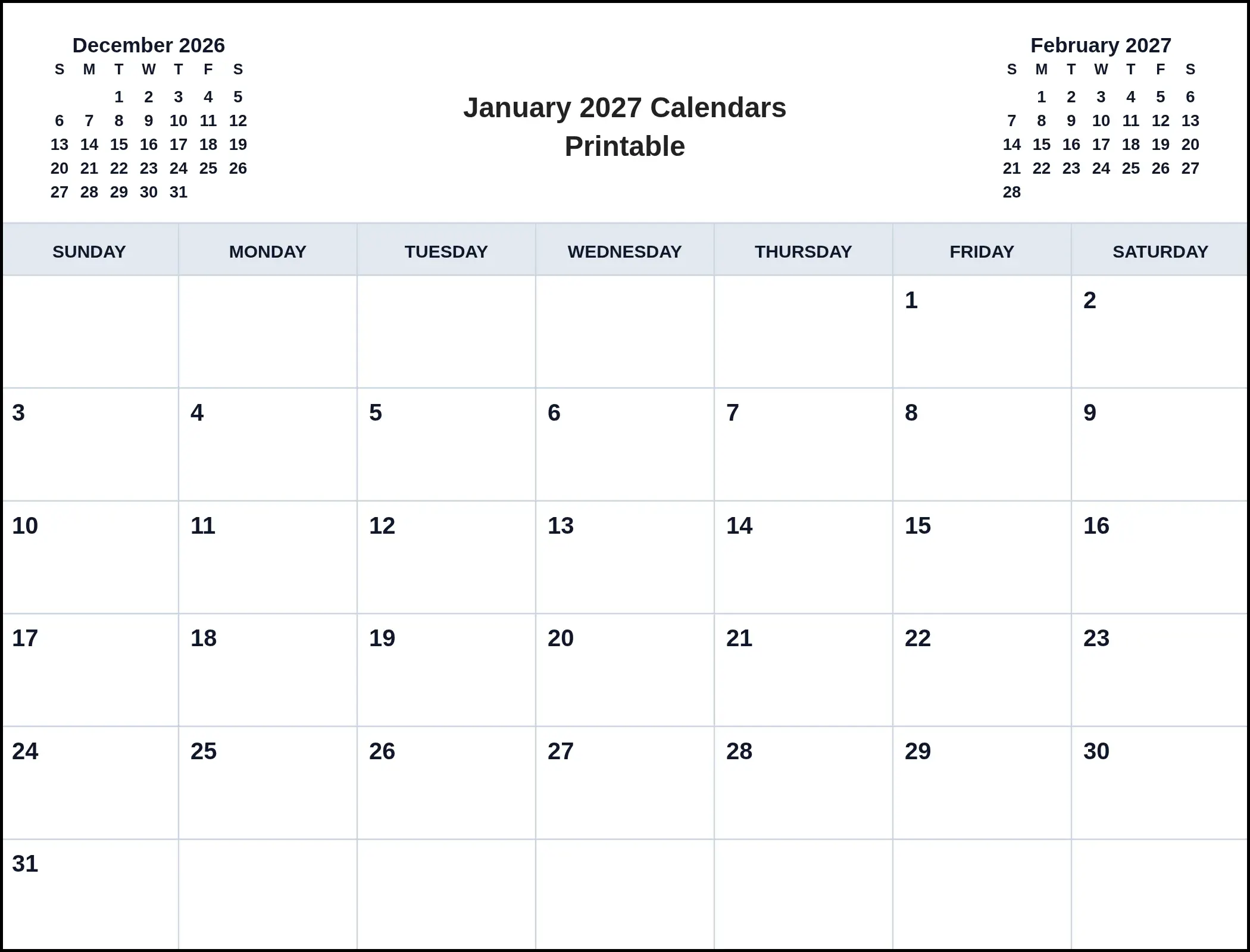 January 2027 Calendars Printable With Three Month View January 2027 Calendars Printable With Three Month View